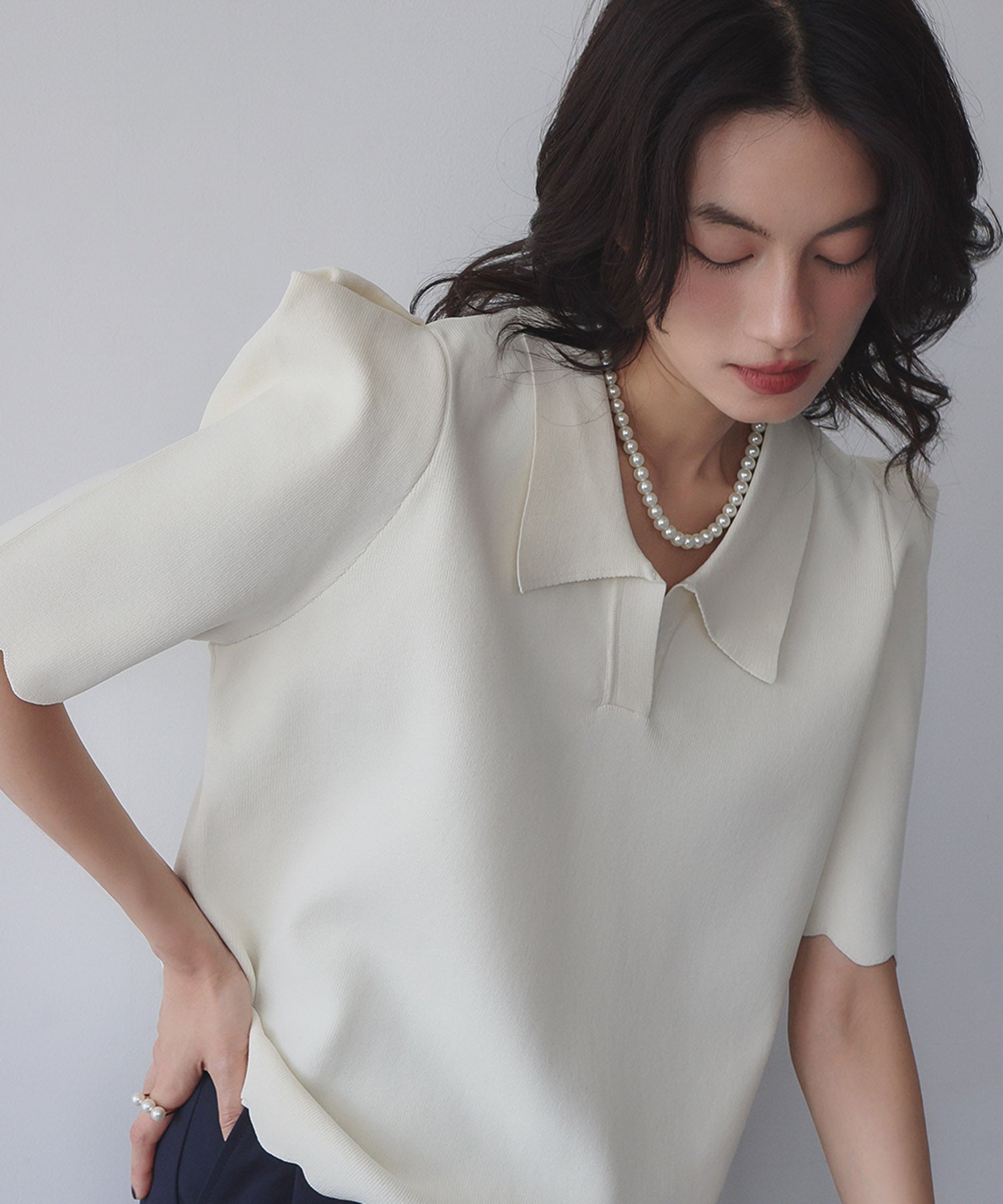 エルフランク ELFRANK ニット パワーショルダー スカラップ プルオーバー ポロシャツ (オフホワイト) オフホワイト