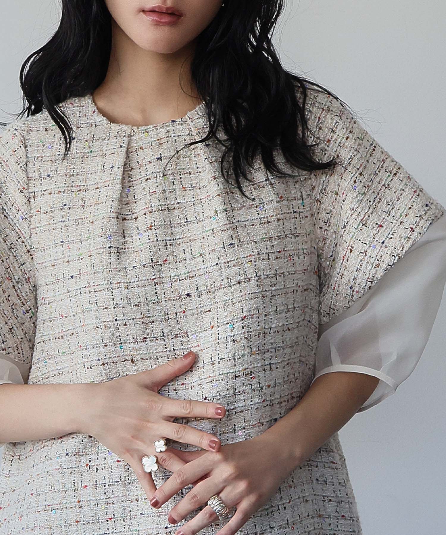 エルフランク ELFRANK ランタンスリーブ シアー ツイード ブラウス (ベージュ) ベージュ