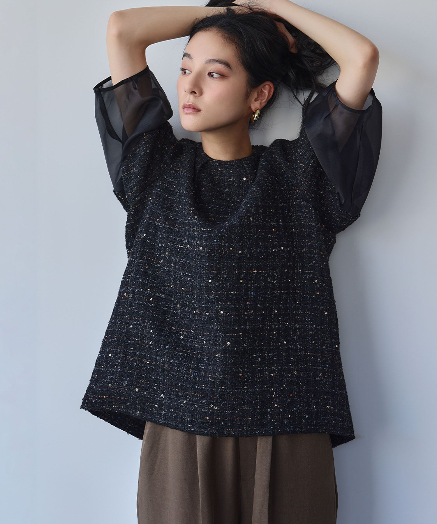 エルフランク ELFRANK ランタンスリーブ シアー ツイード ブラウス (ブラック) ブラック