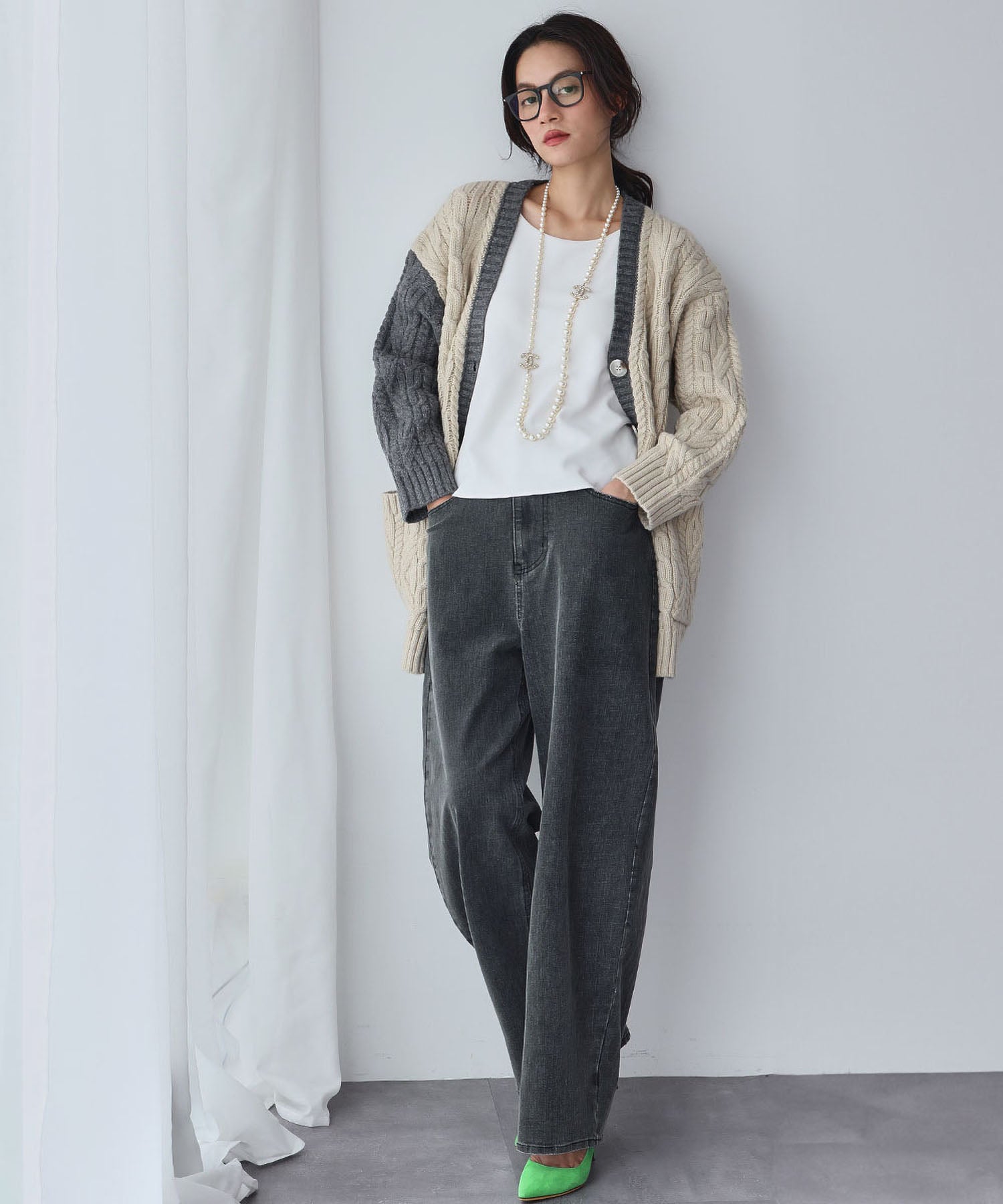 エルフランク ELFRANK バイカラー Vネック ケーブルニット カーディガン (アイボリーチャコールグレー) アイボリーチャコールグレー