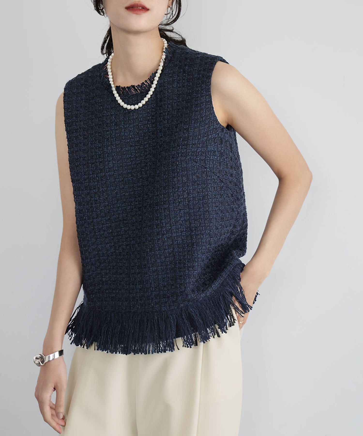 エルフランク ELFRANK ミックスツイード フリンジ ノースリーブ ベスト (ネイビー) ネイビー
