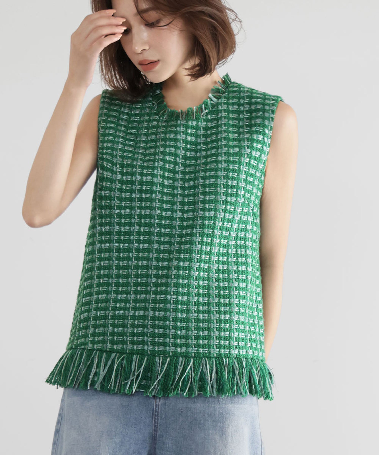 エルフランク ELFRANK ミックスツイード フリンジ ノースリーブ ベスト (グリーン) グリーン