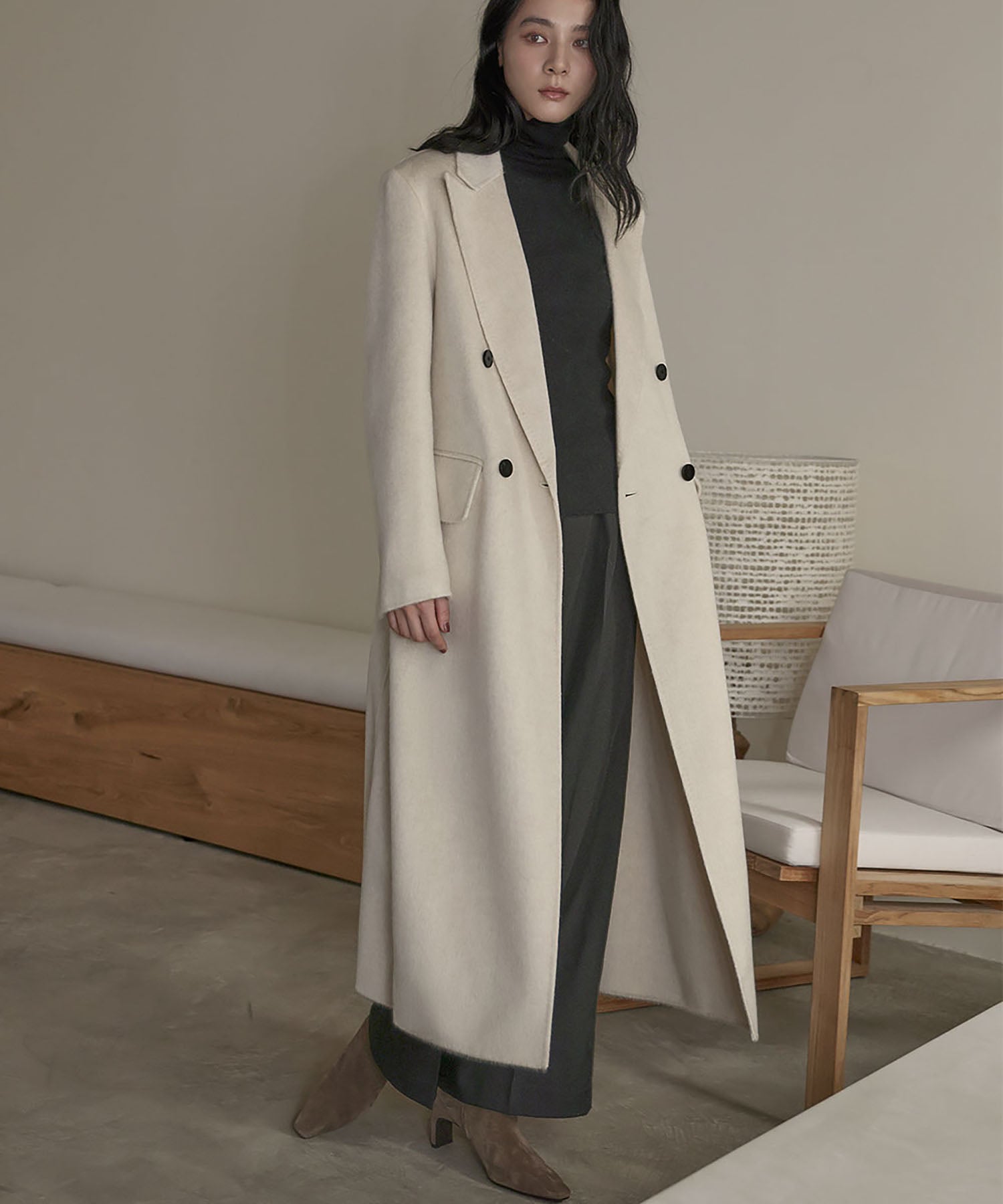 エルフランク ELFRANK 【ウール100%】ダブルブレスト ロング丈 チェスターコート (アイボリー) アイボリー