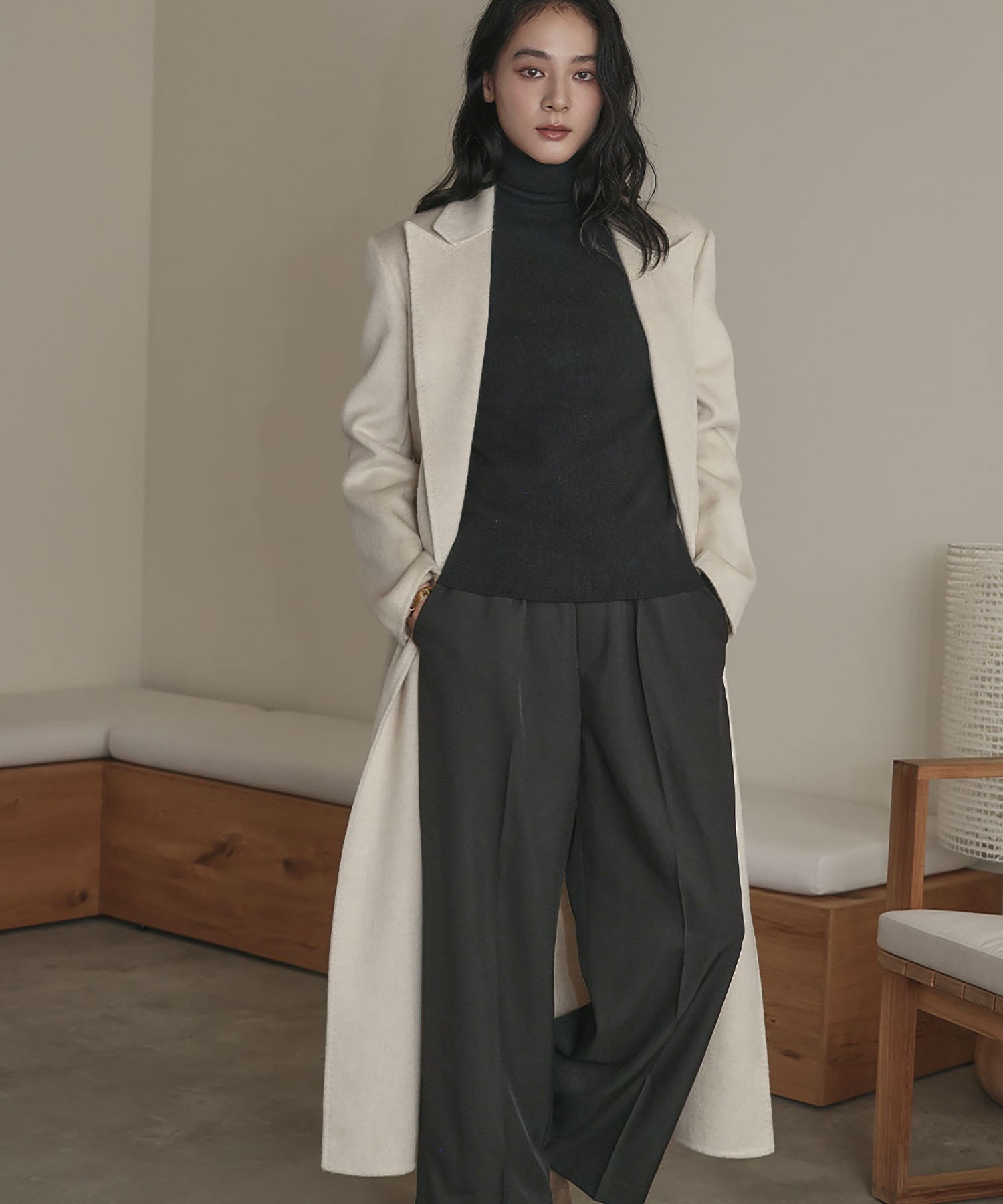 エルフランク ELFRANK 【ウール100%】ダブルブレスト ロング丈 チェスターコート (アイボリー) アイボリー