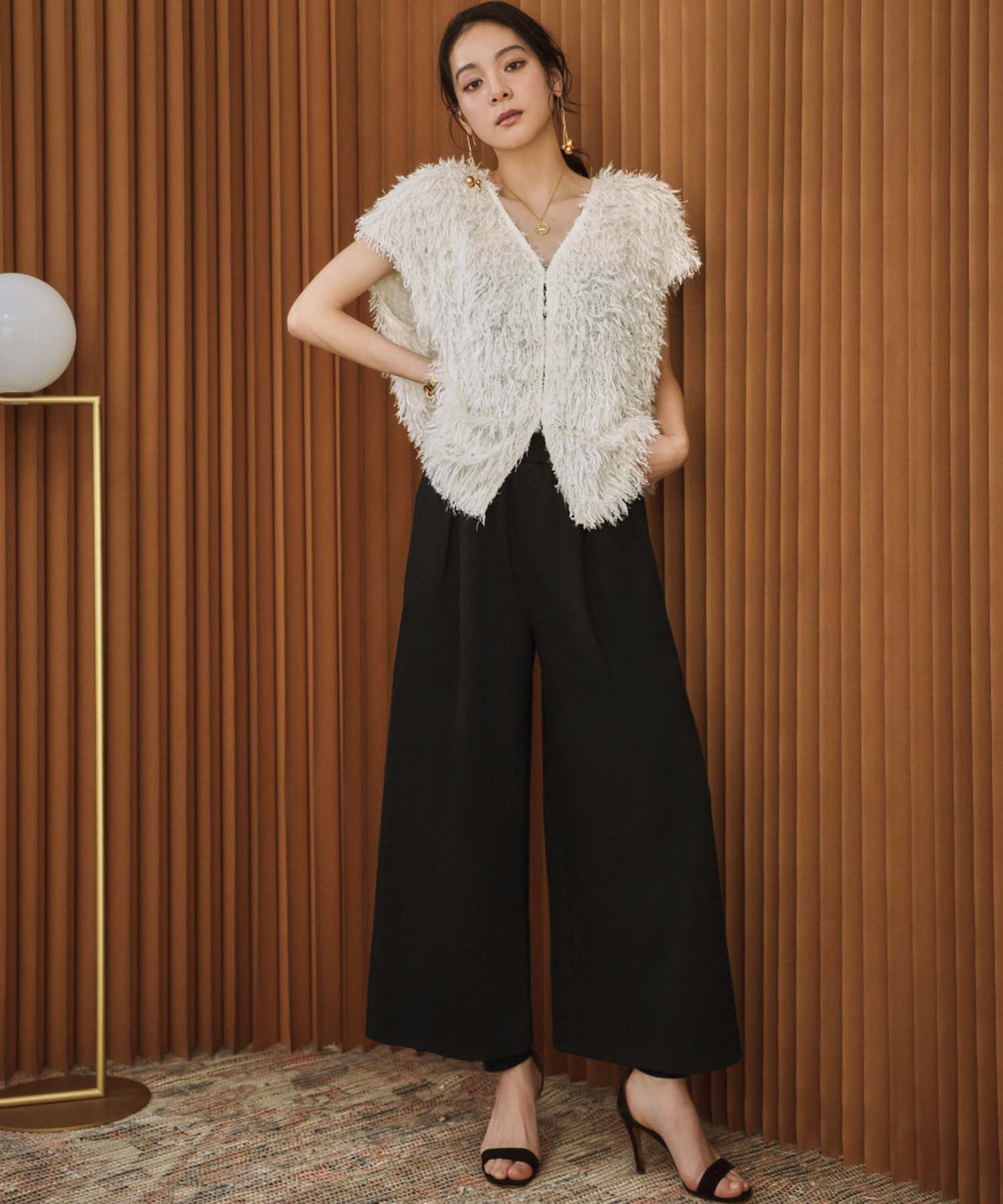 エルフランク ELFRANK ダンボール クロップド丈 フレアワイドパンツ ウエストゴム アンクル丈 9分丈 (ブラック) ブラック