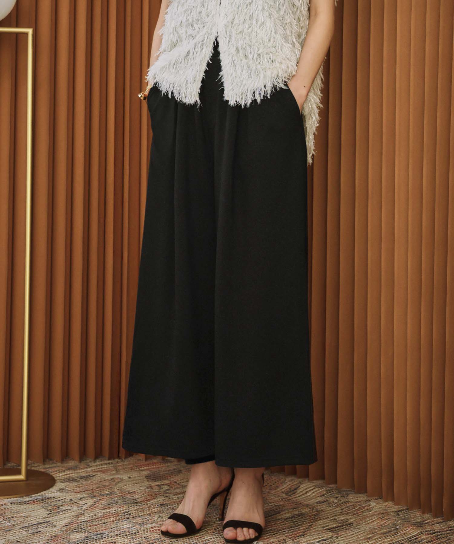 エルフランク ELFRANK ダンボール クロップド丈 フレアワイドパンツ ウエストゴム アンクル丈 9分丈 (ブラック) ブラック