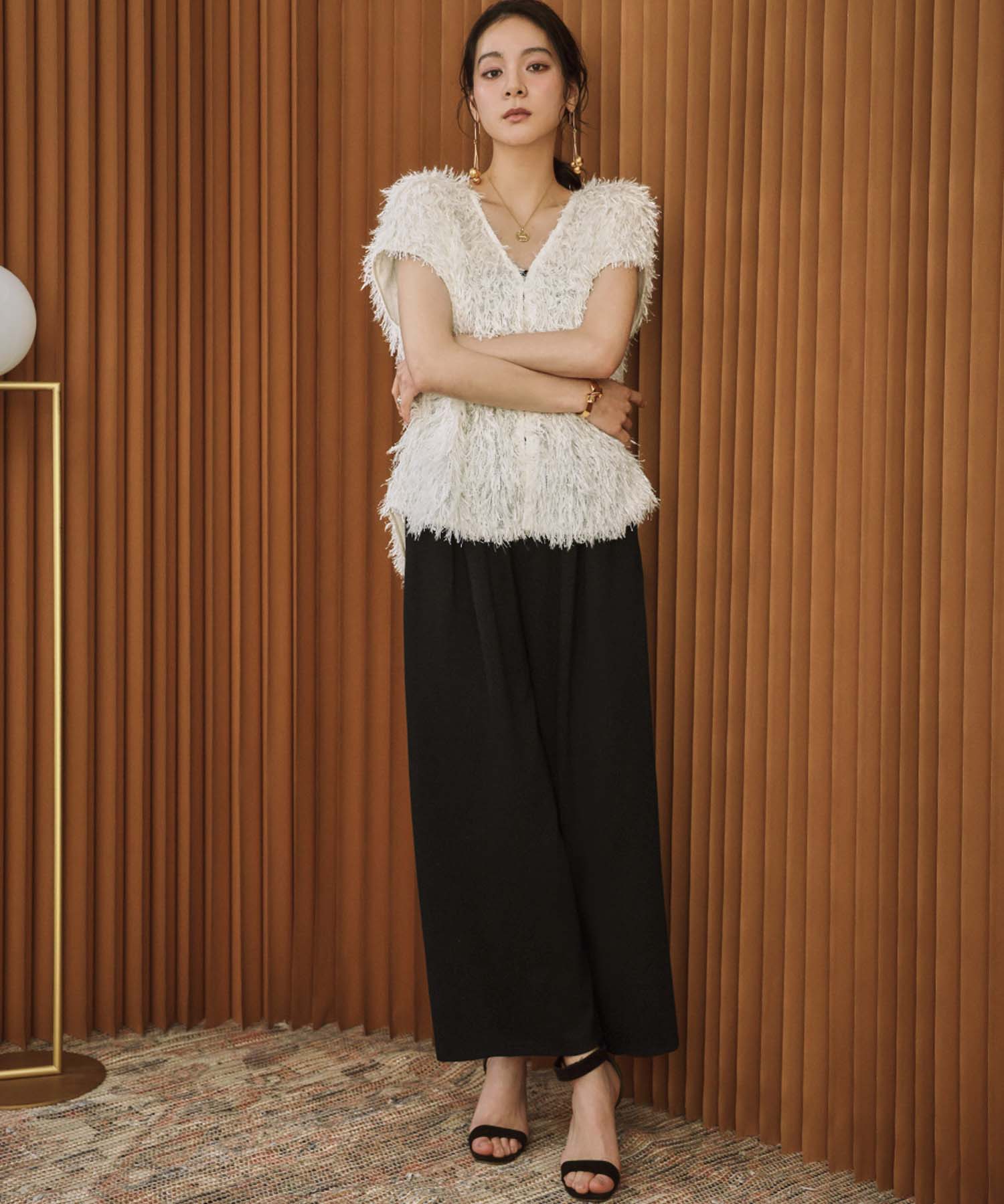 エルフランク ELFRANK ダンボール クロップド丈 フレアワイドパンツ ウエストゴム アンクル丈 9分丈 (ブラック) ブラック