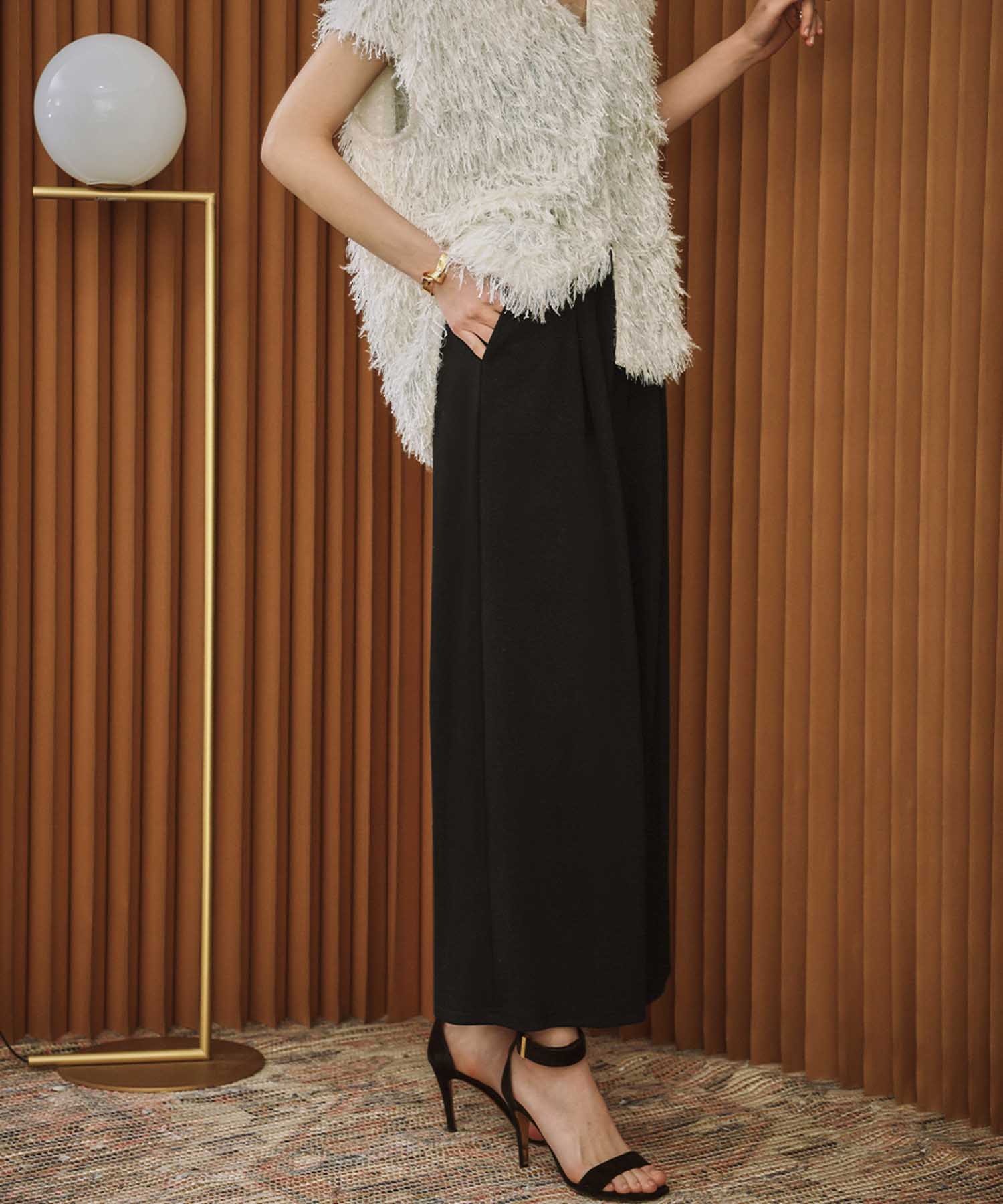 エルフランク ELFRANK ダンボール クロップド丈 フレアワイドパンツ ウエストゴム アンクル丈 9分丈 (ブラック) ブラック