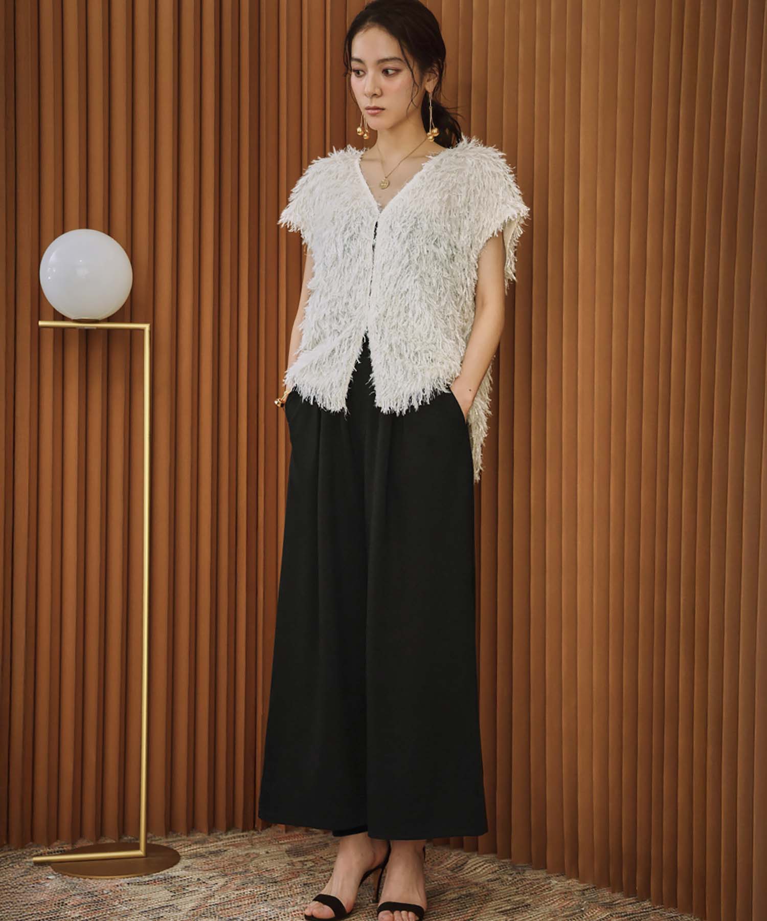 エルフランク ELFRANK ダンボール クロップド丈 フレアワイドパンツ ウエストゴム アンクル丈 9分丈 (ブラック) ブラック