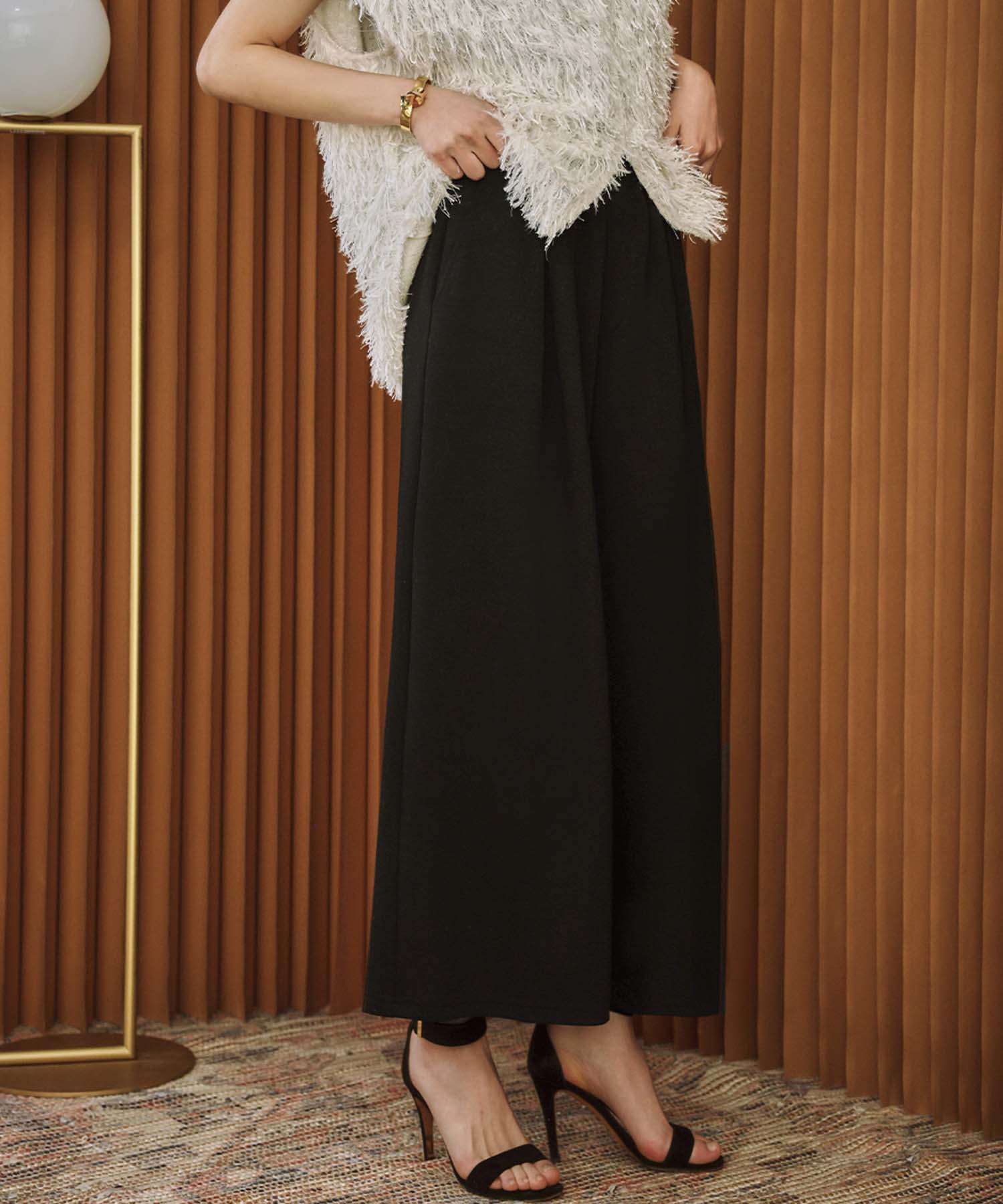 エルフランク ELFRANK ダンボール クロップド丈 フレアワイドパンツ ウエストゴム アンクル丈 9分丈 (ブラック) ブラック