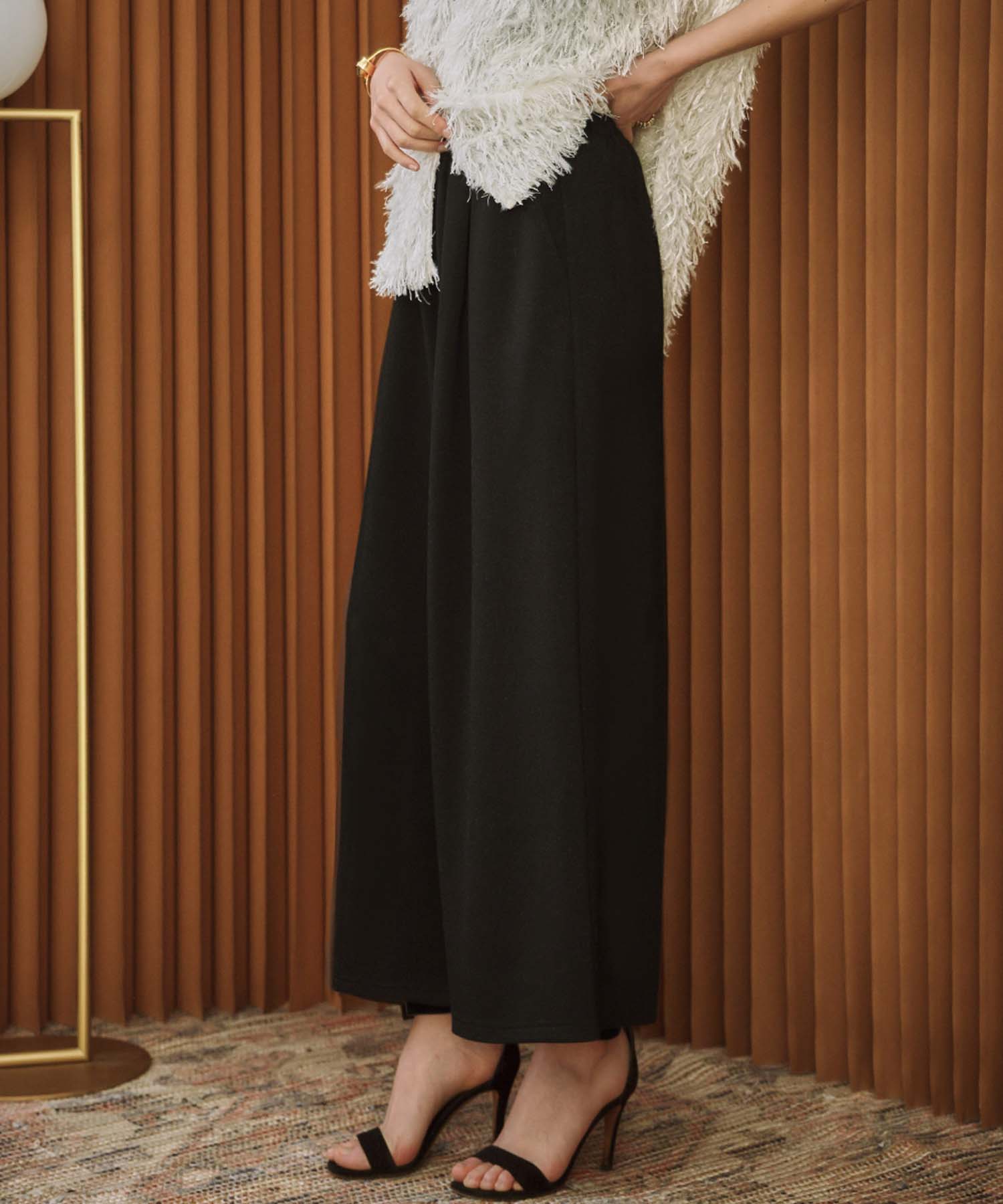 エルフランク ELFRANK ダンボール クロップド丈 フレアワイドパンツ ウエストゴム アンクル丈 9分丈 (ブラック) ブラック