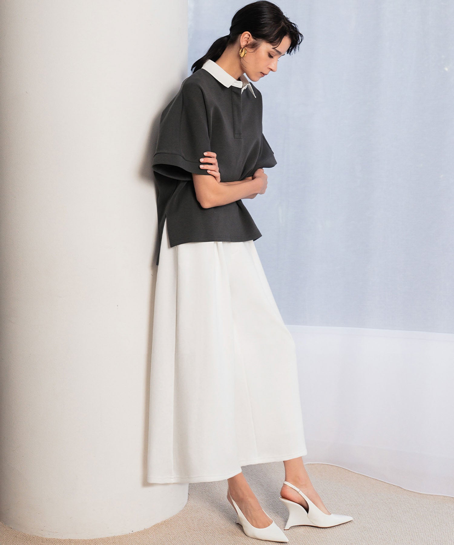 エルフランク ELFRANK ダンボール クロップド丈 フレアワイドパンツ ウエストゴム アンクル丈 9分丈 (オフホワイト) オフホワイト