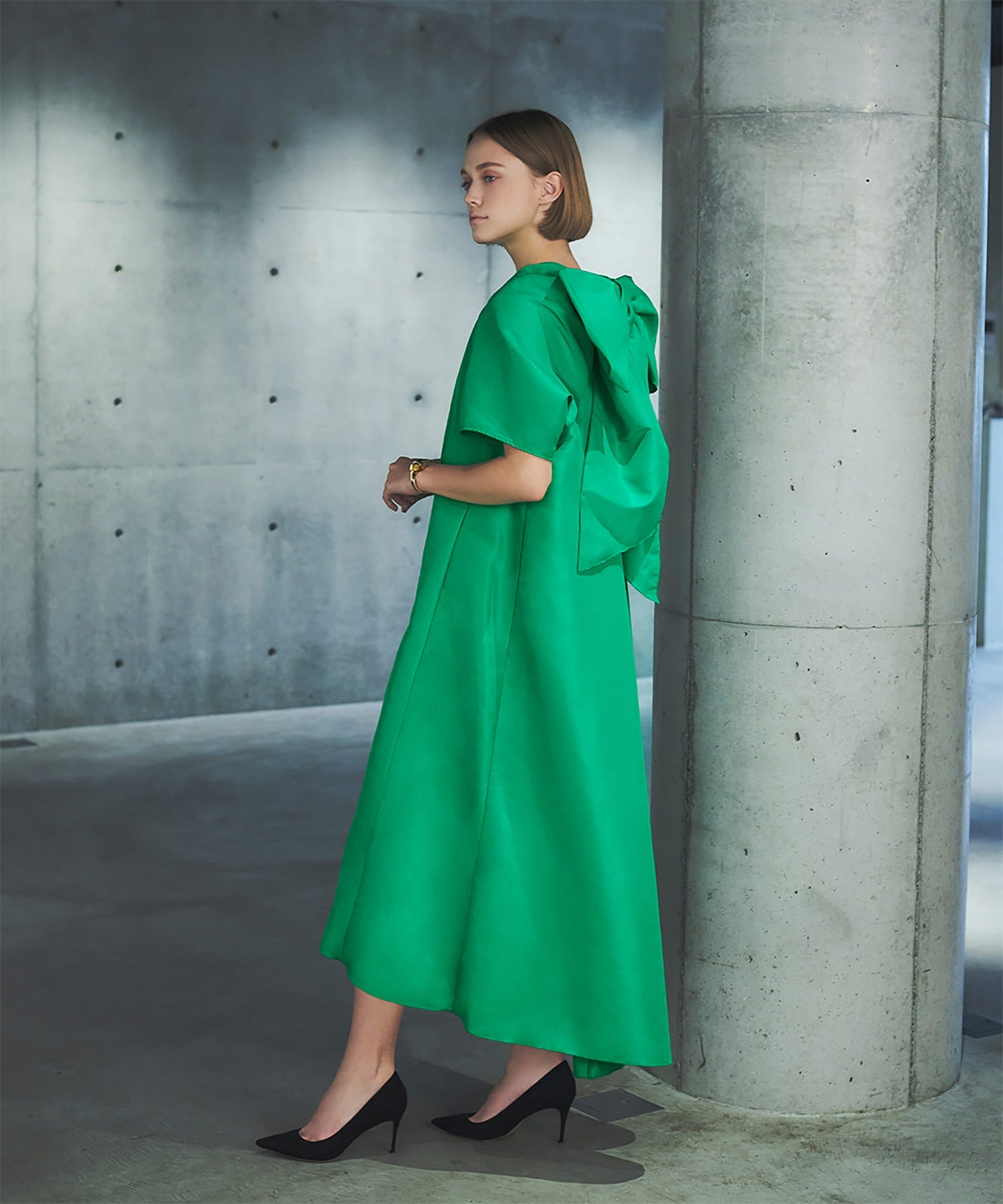 エルフランク ELFRANK バックビッグリボンAラインイレギュラーヘムロングワンピース (グリーン) グリーン