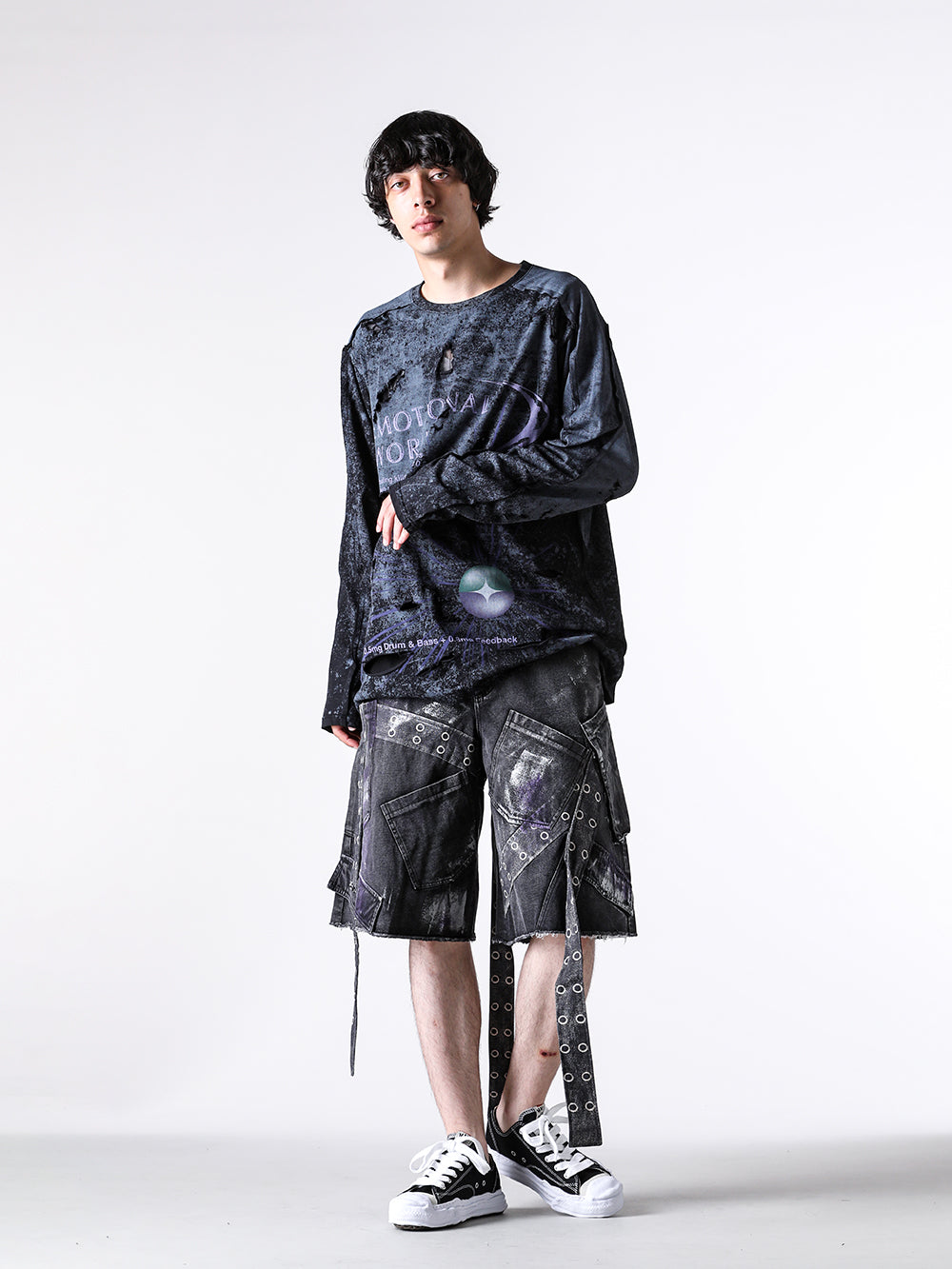 エモーショナル ワールド EMOTIONAL WORLD Mesh Destroyed Cigarette L/S T-Shirt (BLACK) BLACK