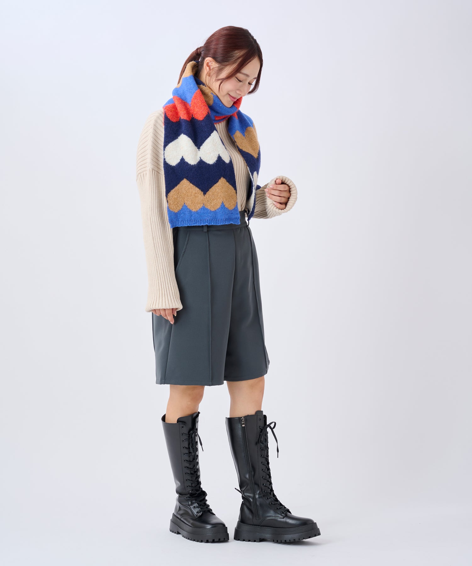 エスタ estaa 【洗える】ニットマフラー 24×160cm ハートジャカード (ディープブルー) ディープブルー