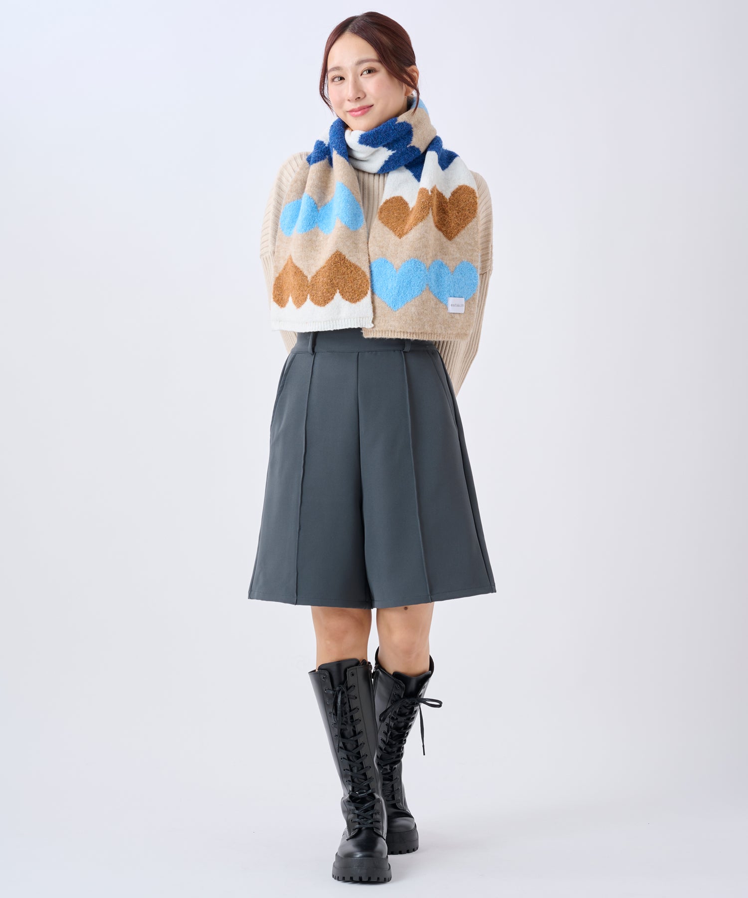 エスタ estaa 【洗える】ニットマフラー 24×160cm ハートジャカード (ベージュ) ベージュ