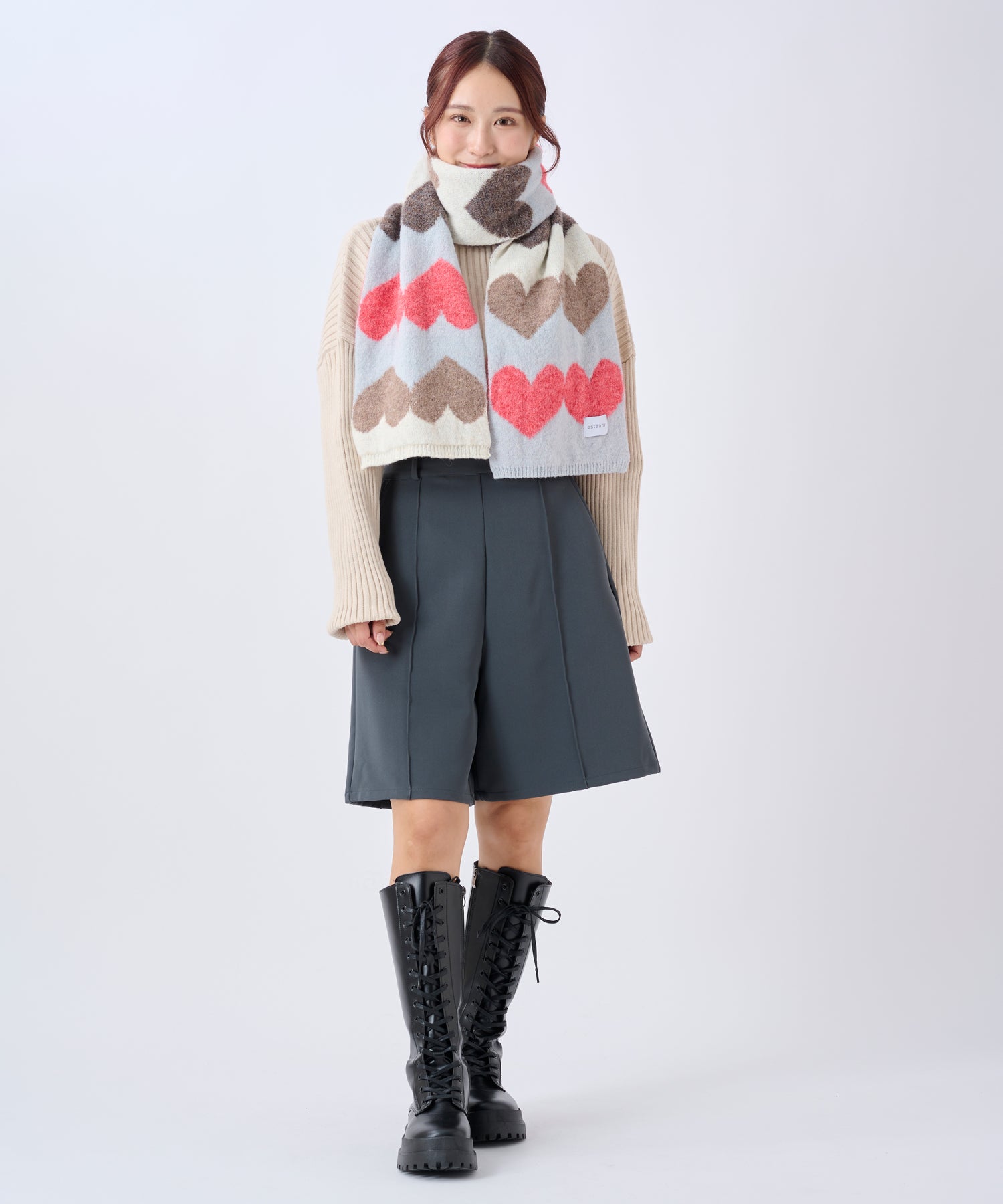 エスタ estaa 【洗える】ニットマフラー 24×160cm ハートジャカード (ライトグレー) ライトグレー