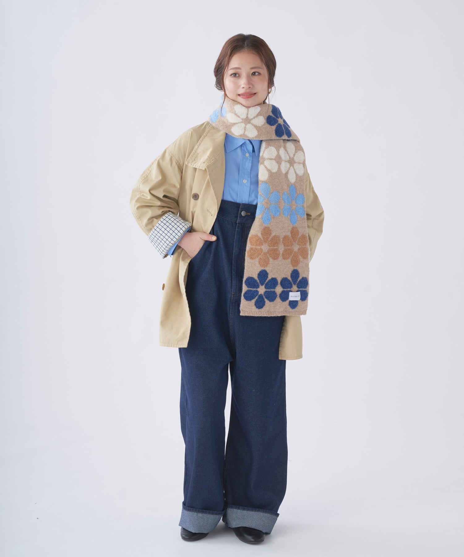 エスタ estaa 【洗える】ニットマフラー 24×160cm フラワージャカード (ベージュ) ベージュ