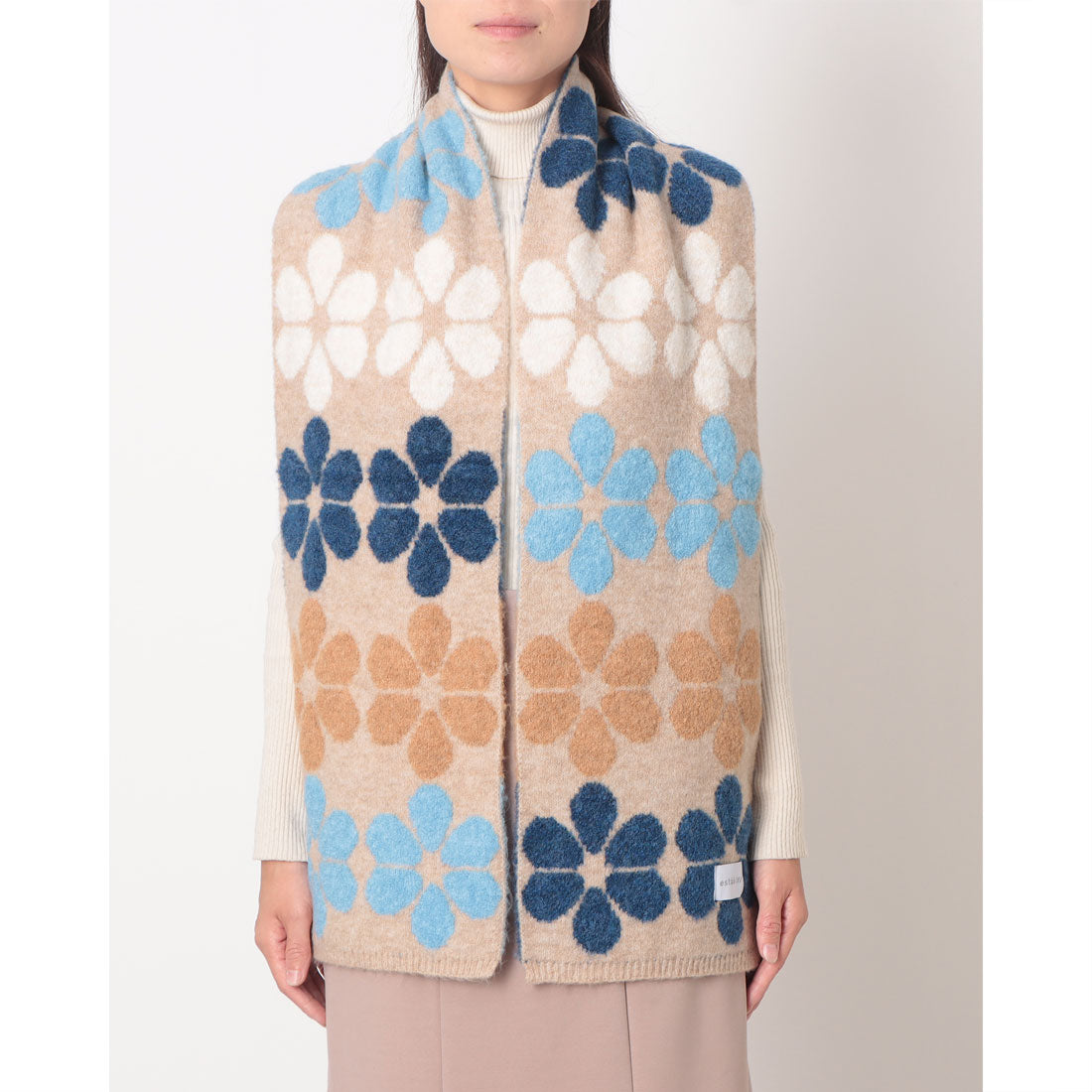 エスタ estaa 【洗える】ニットマフラー 24×160cm フラワージャカード (ベージュ) ベージュ