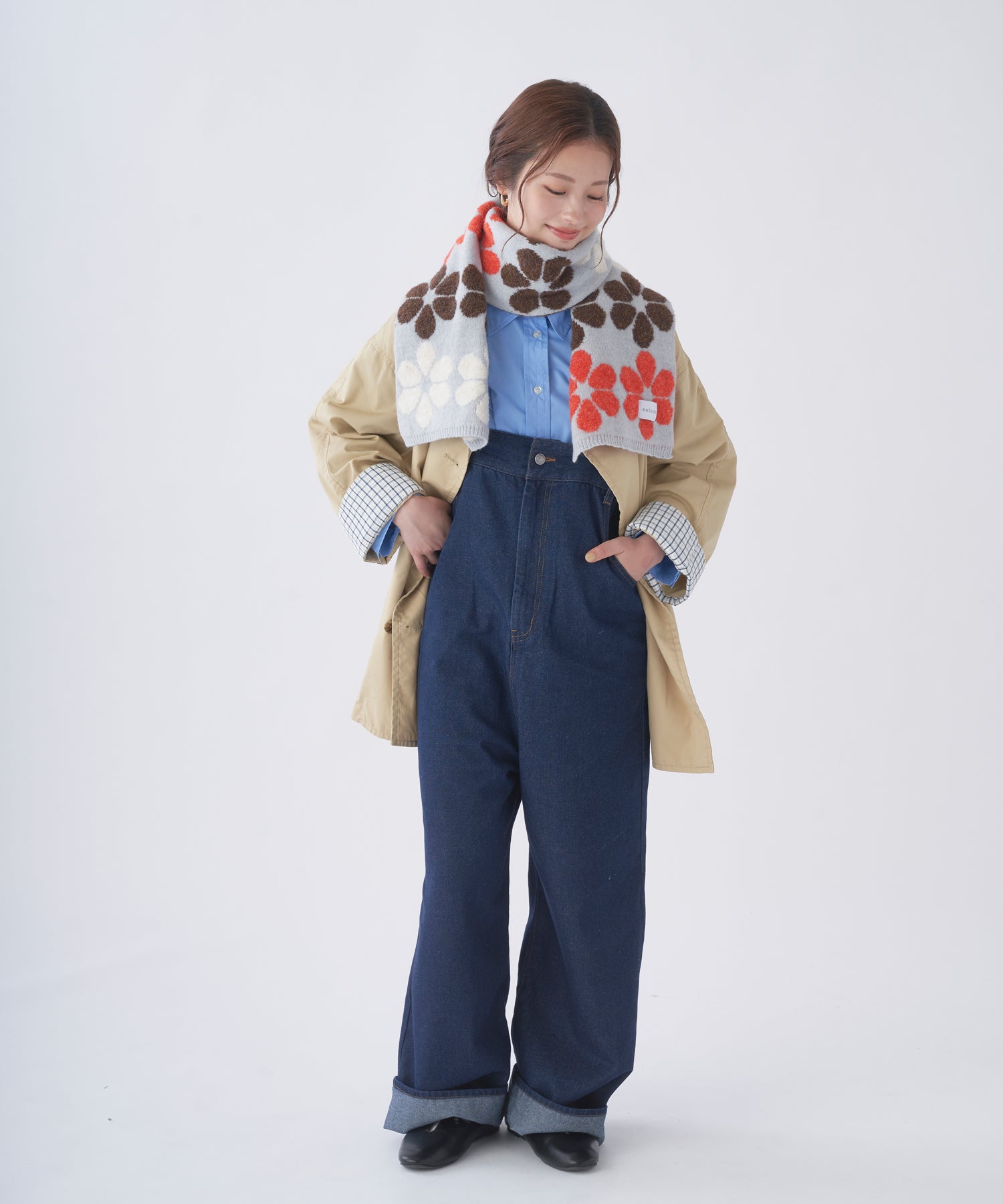 エスタ estaa 【洗える】ニットマフラー 24×160cm フラワージャカード (ライトグレー) ライトグレー