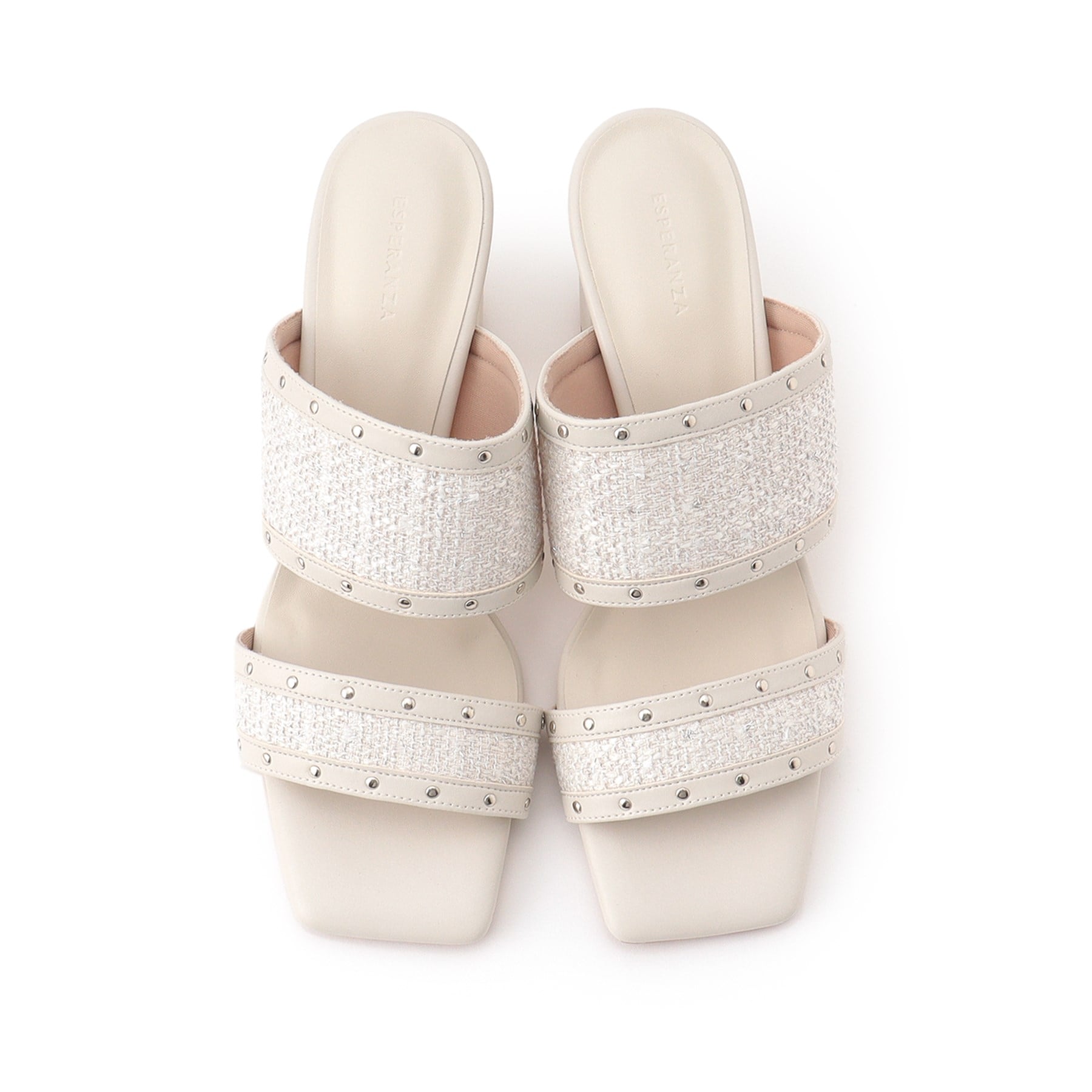 エスペランサ ESPERANZA ツイードカシメスタッズミュールサンダル