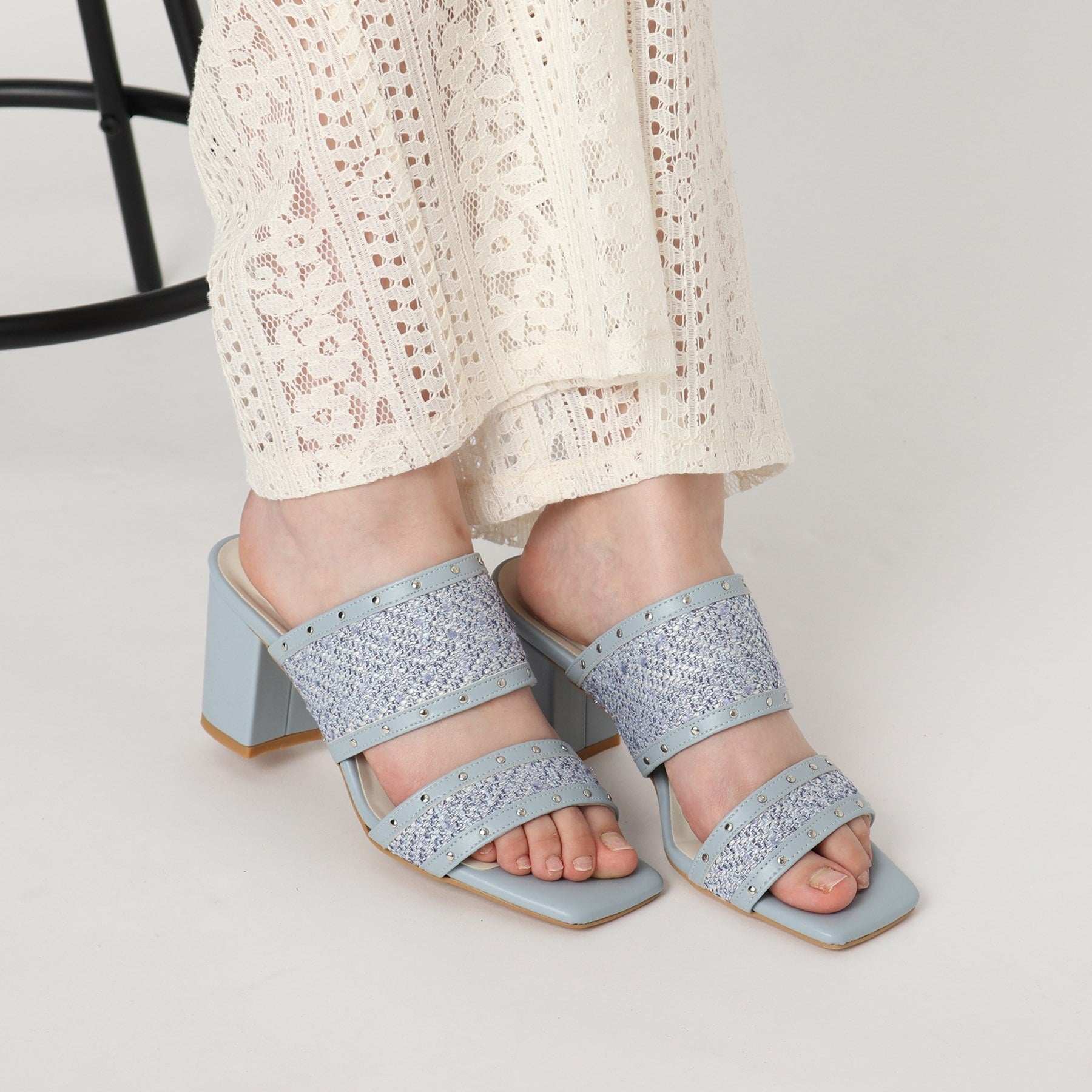 エスペランサ ESPERANZA ツイードカシメスタッズミュールサンダル