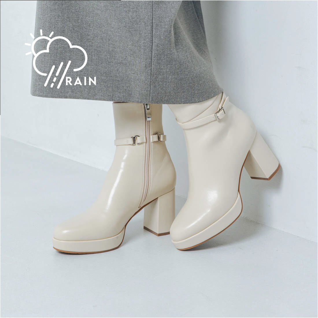 【EVOL/イーボル】 【晴雨兼用(一部カラー除く)・美脚効果あり】2WAY8cmストームショートブーツ IZ5768 (アイボリー) アイボリー