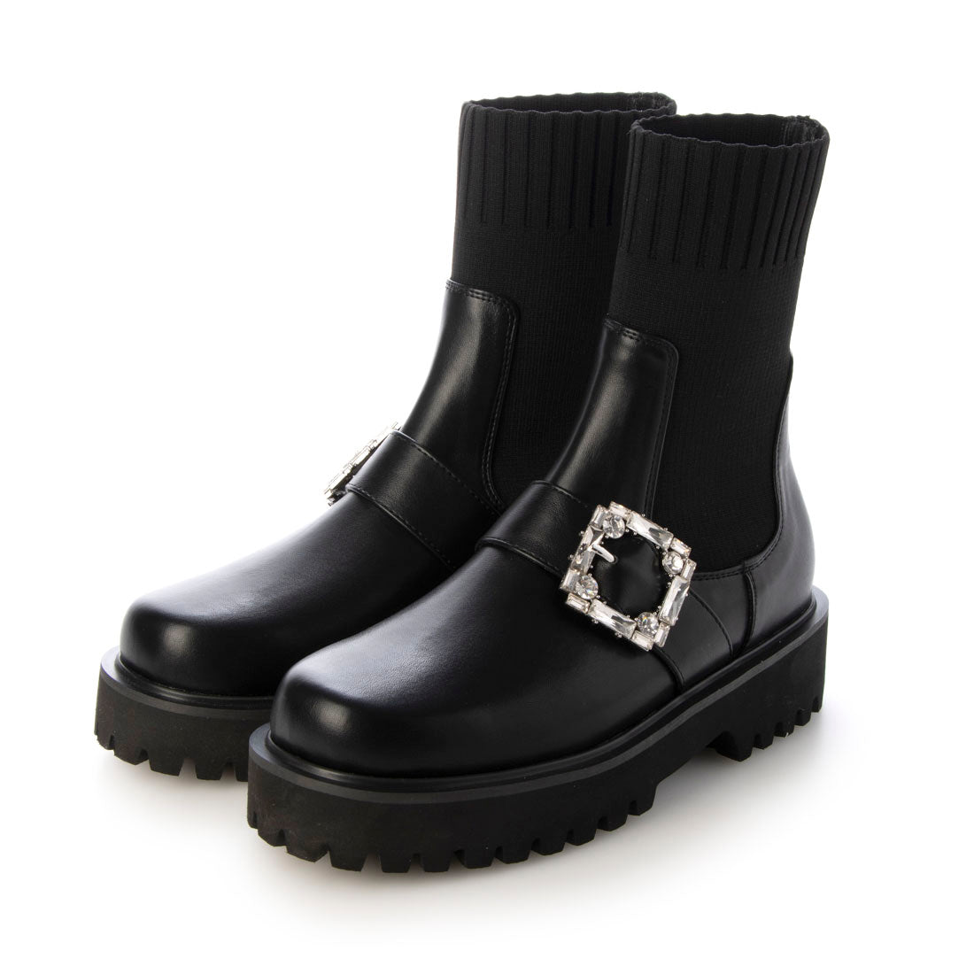 【EVOL/イーボル】 【S-LLサイズ展開・軽量】ビジューバックルニットショートブーツ IZ5770 (ブラック) ブラック