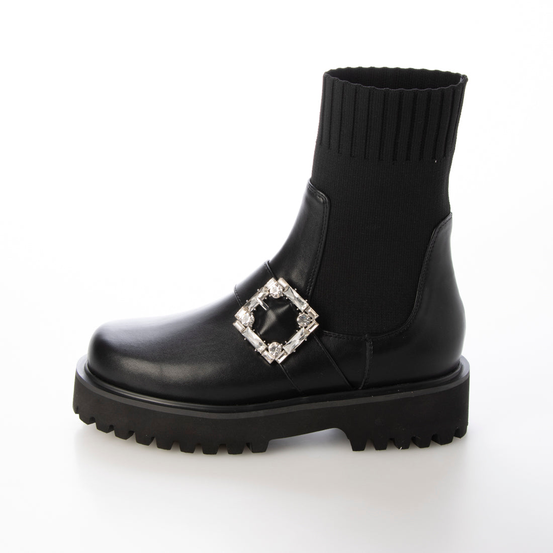 【EVOL/イーボル】 【S-LLサイズ展開・軽量】ビジューバックルニットショートブーツ IZ5770 (ブラック) ブラック