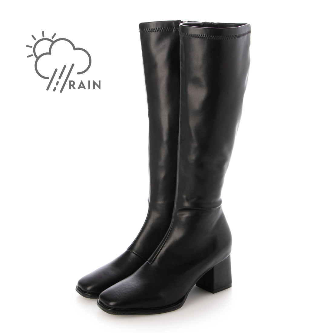 【EVOL/イーボル】 【晴雨兼用・美脚効果あり】ストレッチスクエアロングブーツ IZ5813 (ブラック) ブラック