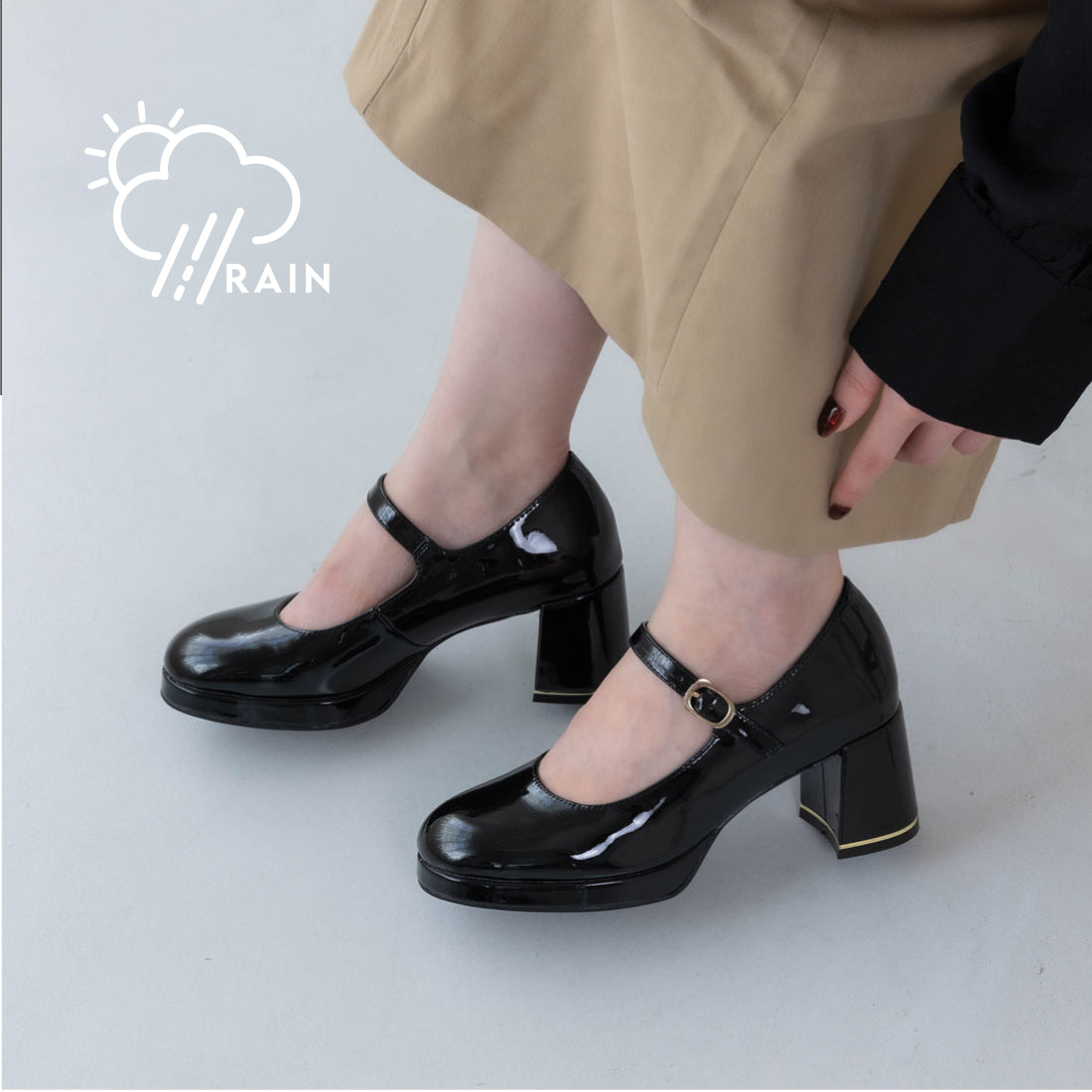 【EVOL/イーボル】 【晴雨兼用・クッション入り】ストームメリージェーンパンプス IZ5812 (ブラックエナメル) ブラックエナメル