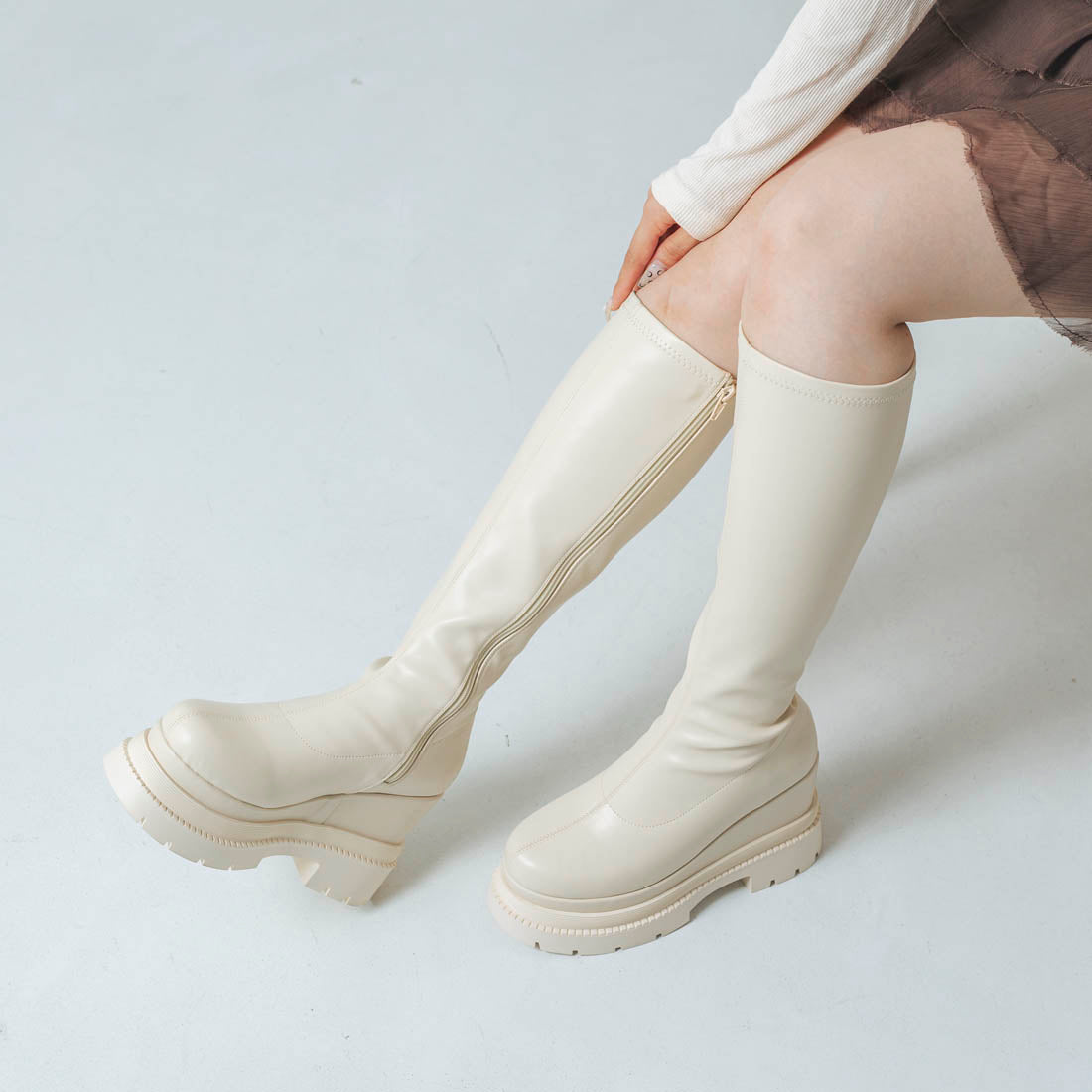 【EVOL/イーボル】 【XSサイズ・厚底】11cmストレッチロングブーツ IZ5835 (アイボリー) アイボリー