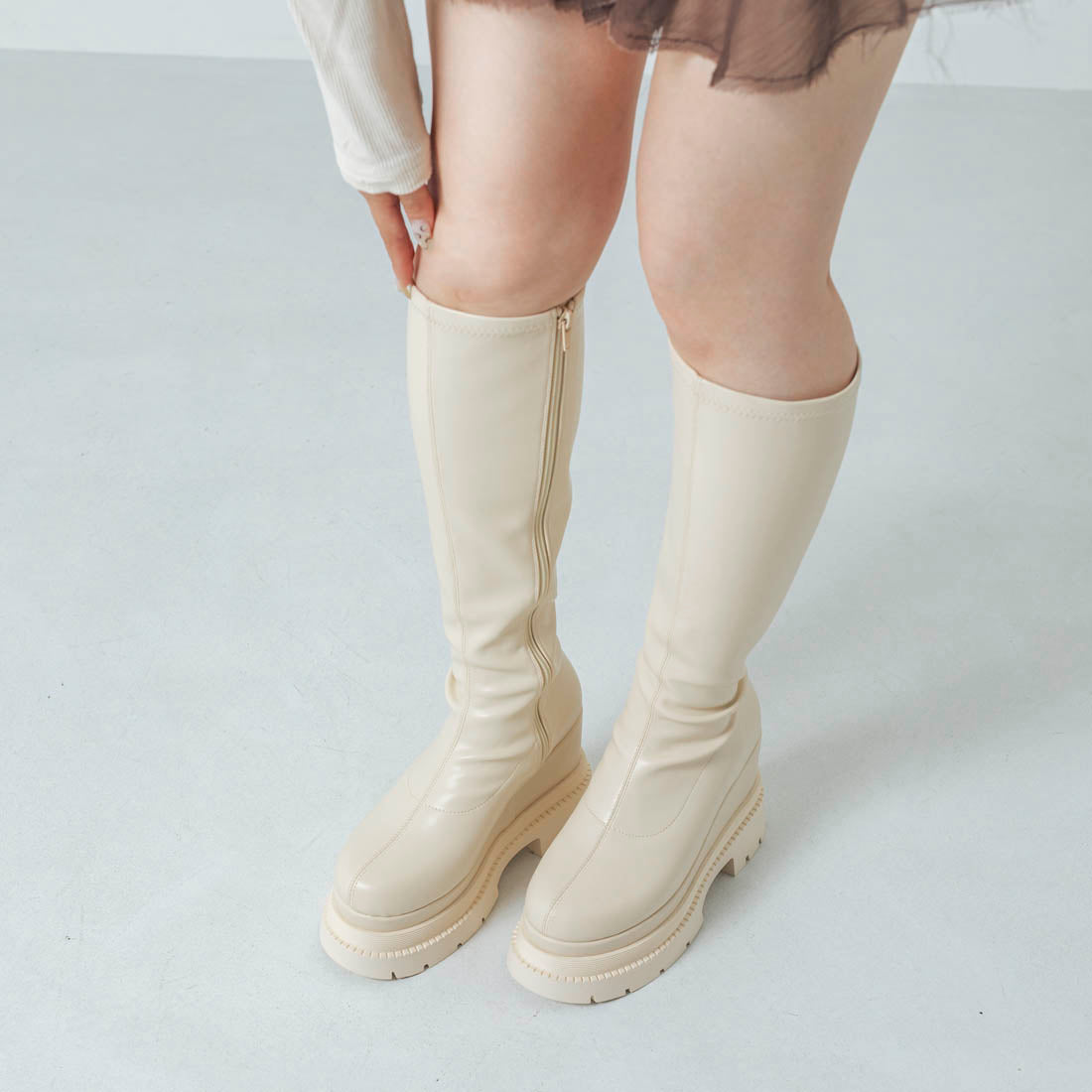 【EVOL/イーボル】 【XSサイズ・厚底】11cmストレッチロングブーツ IZ5835 (アイボリー) アイボリー