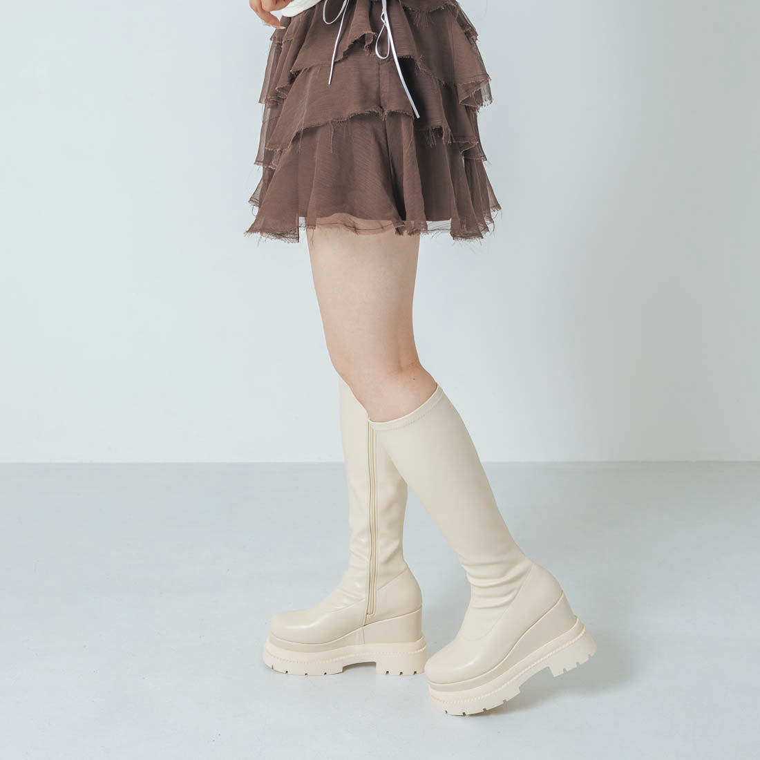 【EVOL/イーボル】 【XSサイズ・厚底】11cmストレッチロングブーツ IZ5835 (アイボリー) アイボリー