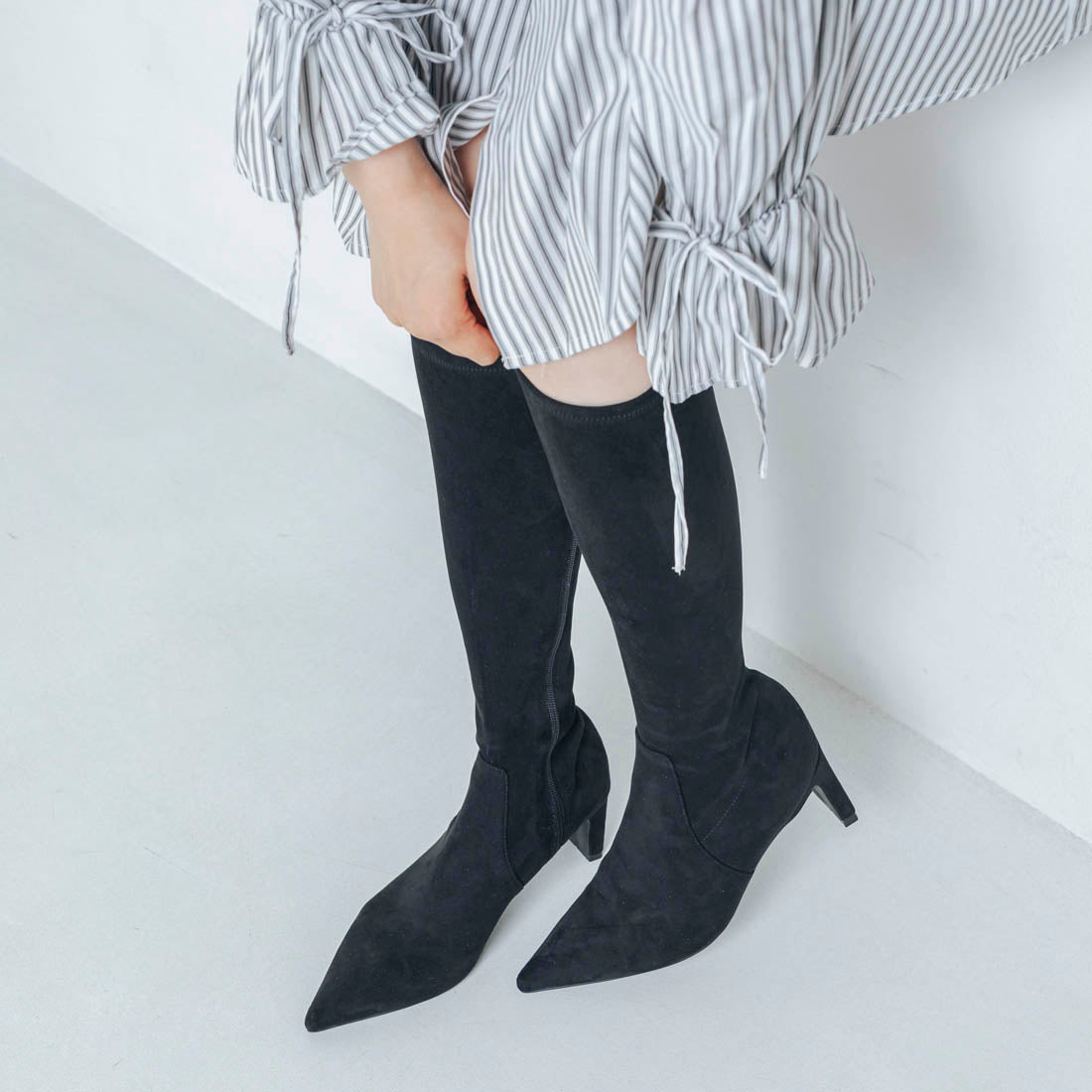 【EVOL/イーボル】 【S-LLサイズ展開・美脚効果あり】ストレッチ6cmロングブーツ BZ23839 (ブラックスエード) ブラックスエード