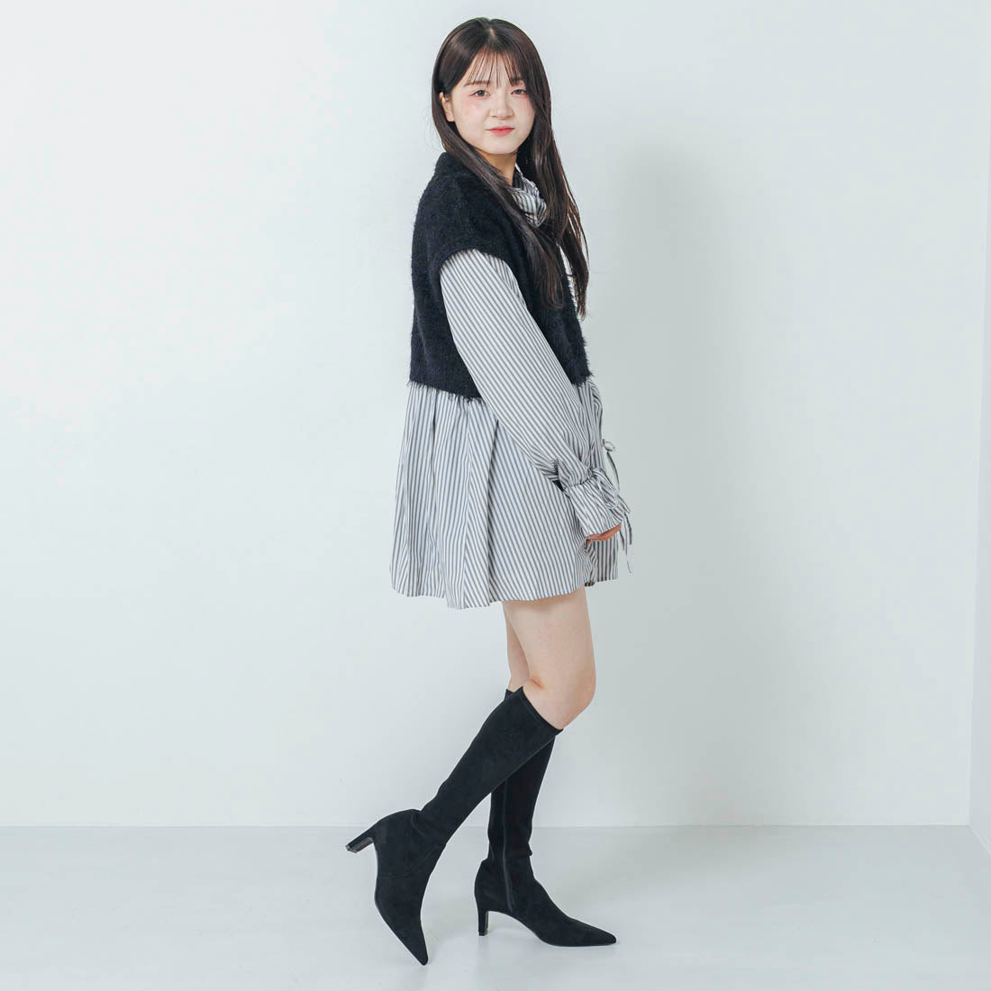 【EVOL/イーボル】 【S-LLサイズ展開・美脚効果あり】ストレッチ6cmロングブーツ BZ23839 (ブラックスエード) ブラックスエード