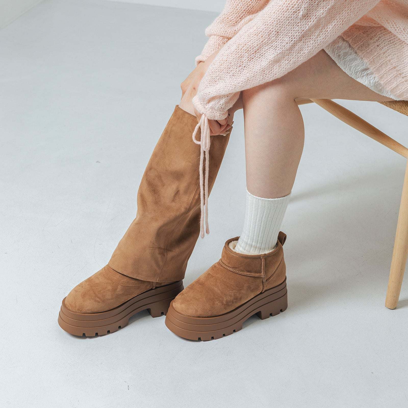 【EVOL/イーボル】 【S-LLサイズ展開・美脚効果あり】2WAYムートンカバーブーツ IZ5887 (キャメルスエード) キャメルスエード