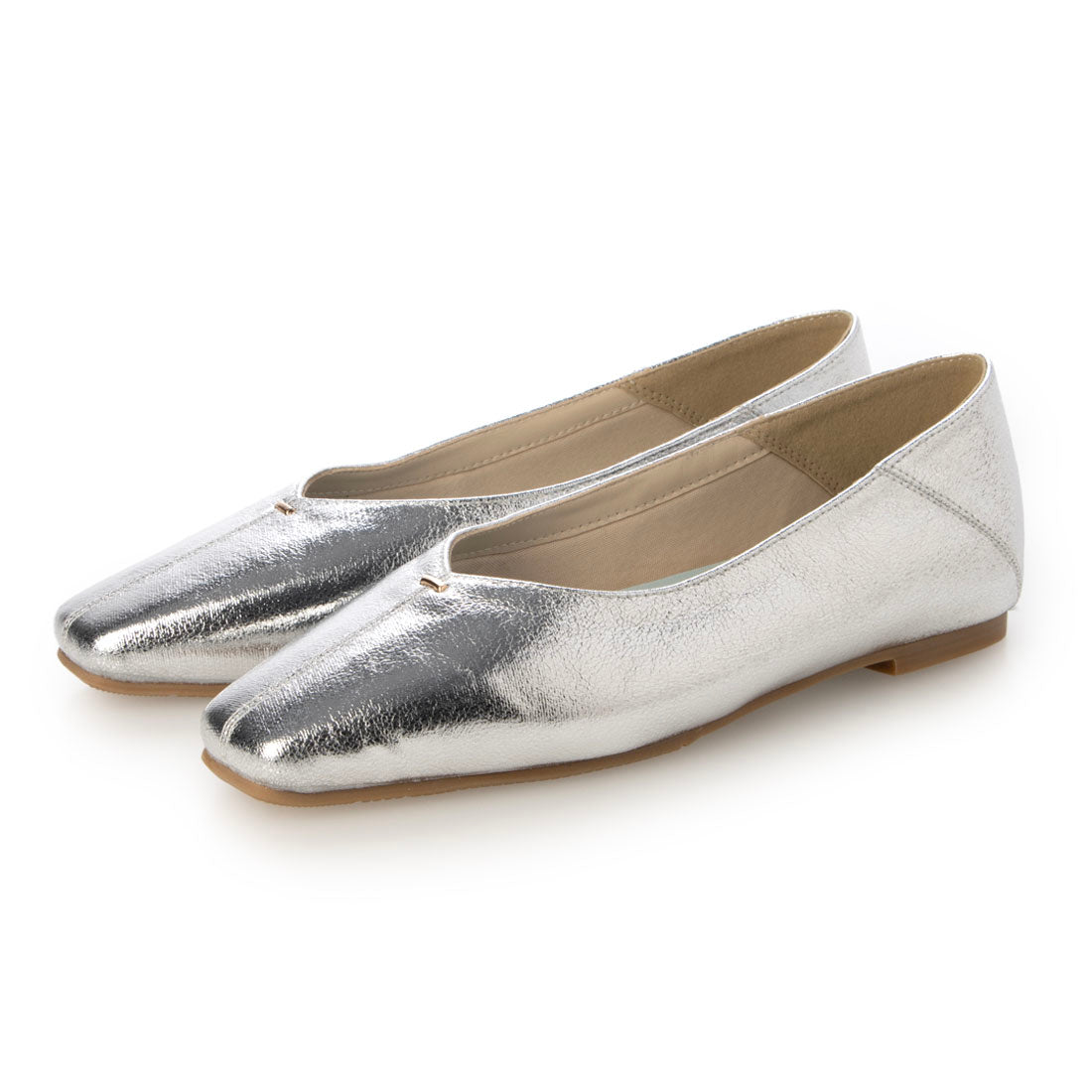 【EVOL/イーボル】 【ふかふか・クッション入り】スクエアゴールドステッチフラットパンプス IZ5810 (シルバー) シルバー