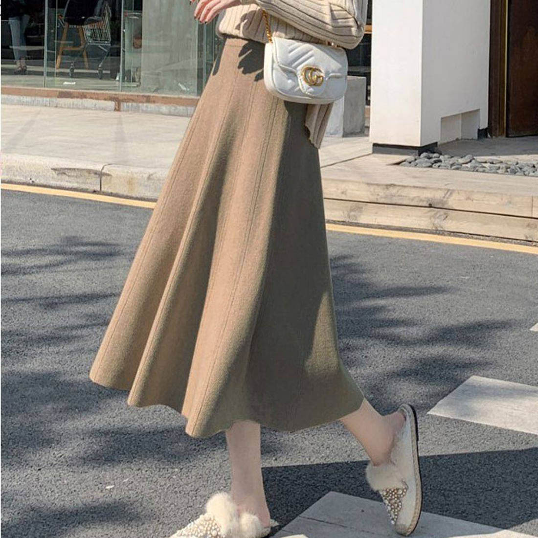 フォースメント Forcement ニットフレアスカート,ベージュ