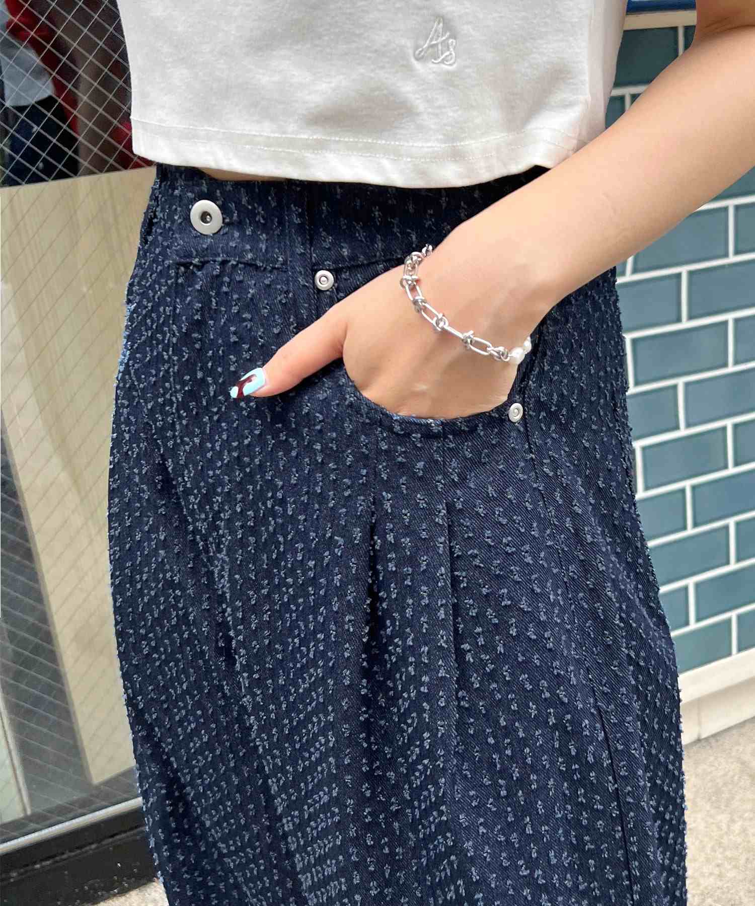 フューティアランド Futier Land ドット柄ワイドデニムパンツ (インディゴブルー) インディゴブルー