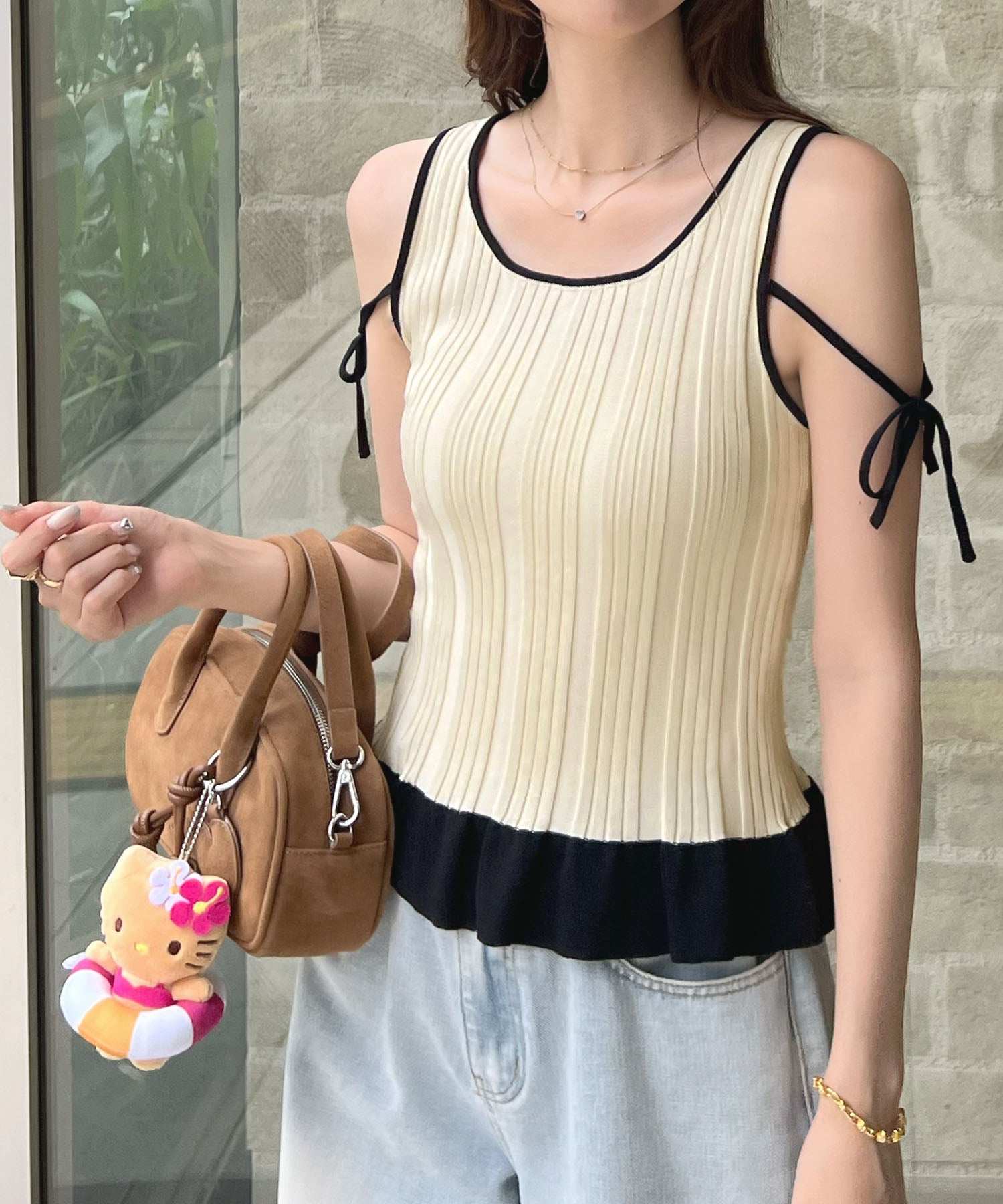 フューティアランド Futier Land パイピングニットフレアタンクトップ (アイボリー) アイボリー