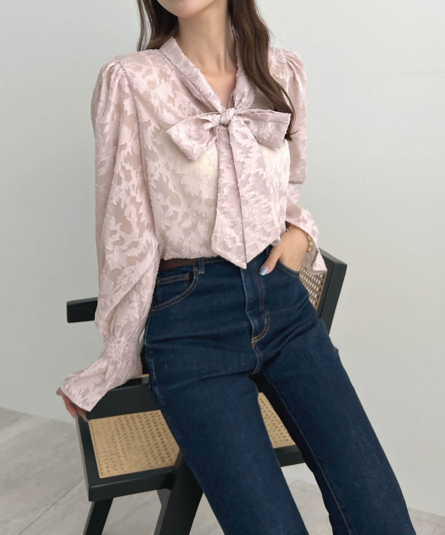 フューティアランド Futier Land ジャガードフラワーリボンシアーブラウス (ピンク) ピンク