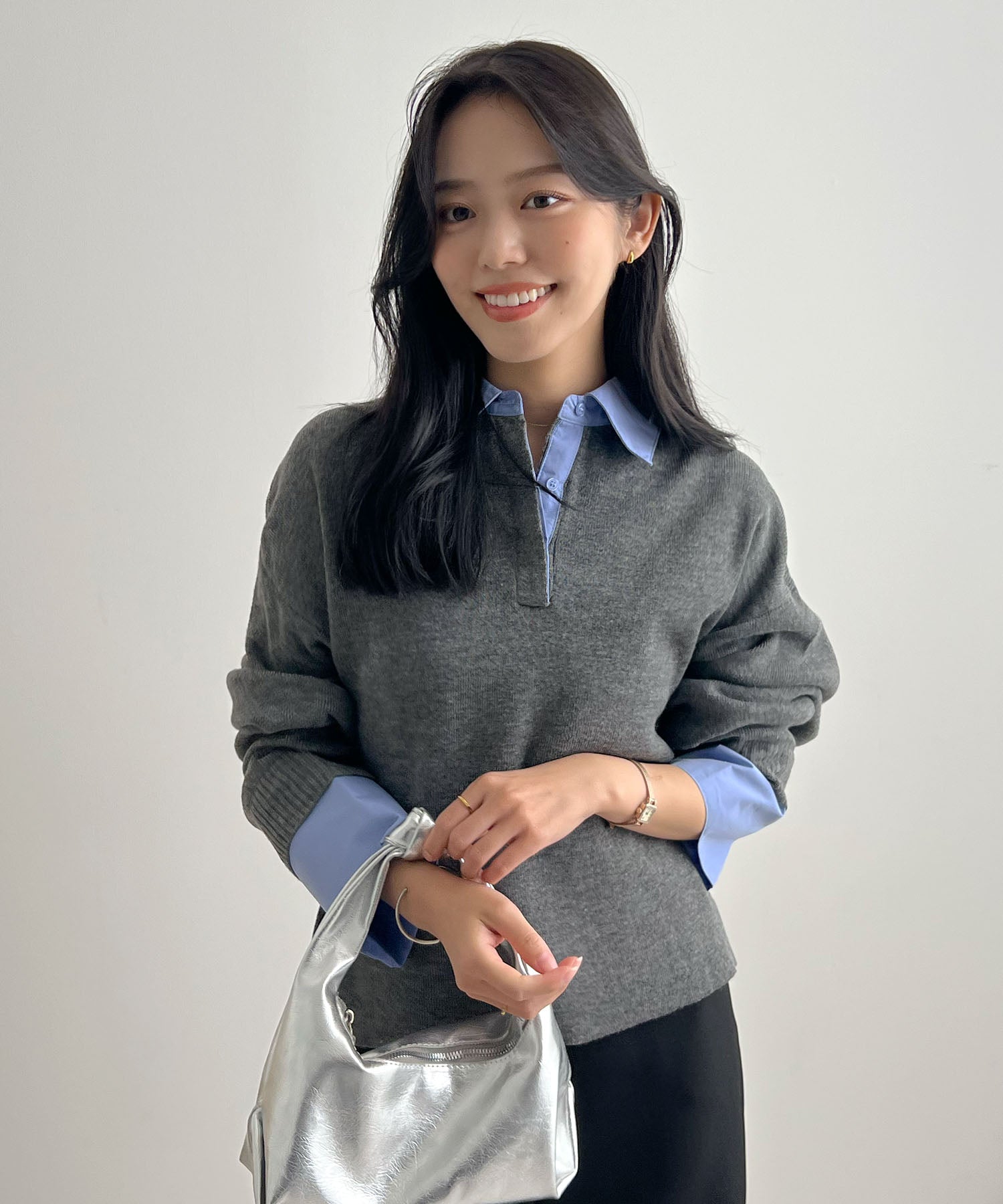 フューティアランド Futier Land シャツ襟付きポロニット (チャコールグレー) チャコールグレー