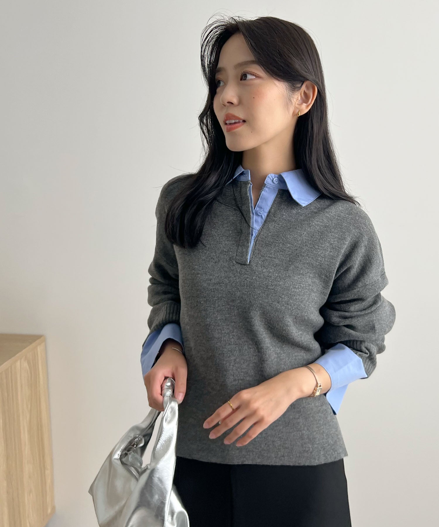 フューティアランド Futier Land シャツ襟付きポロニット (チャコールグレー) チャコールグレー