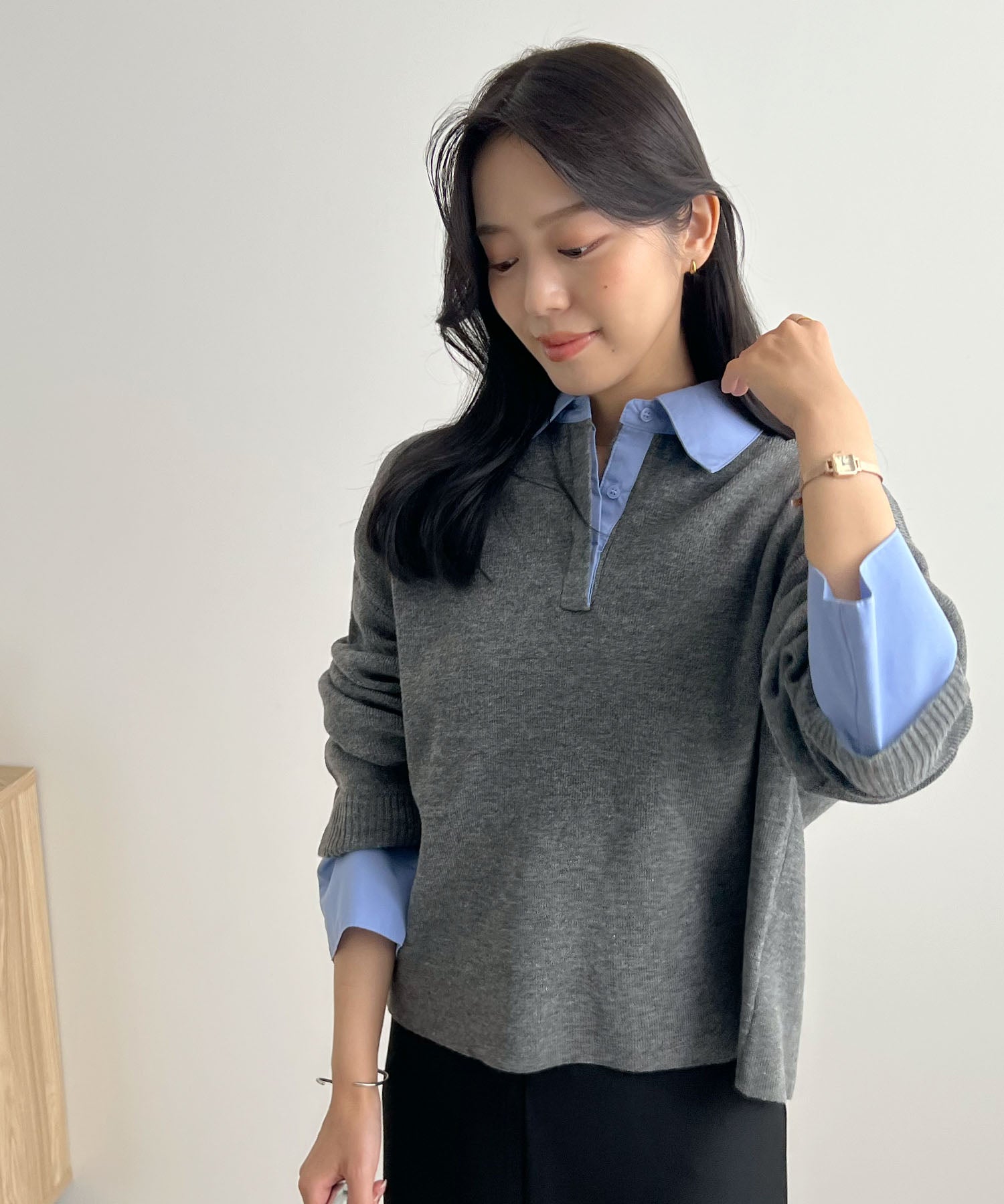 フューティアランド Futier Land シャツ襟付きポロニット (チャコールグレー) チャコールグレー