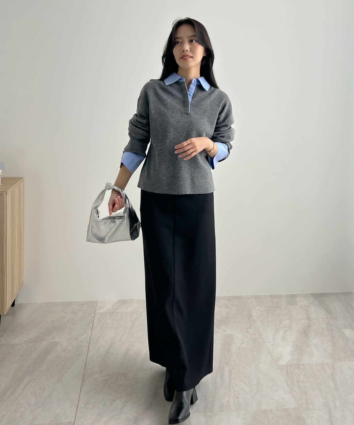 フューティアランド Futier Land シャツ襟付きポロニット (チャコールグレー) チャコールグレー