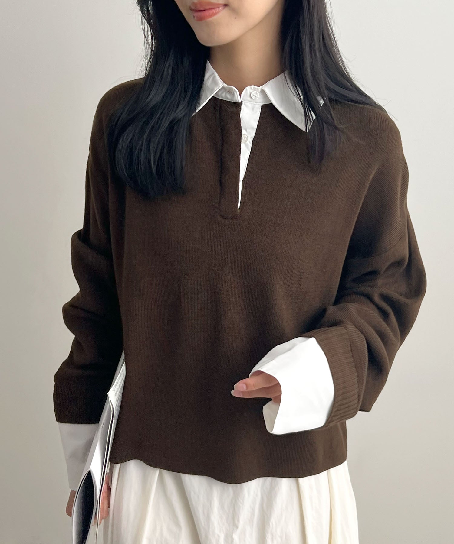 フューティアランド Futier Land シャツ襟付きポロニット (ブラウン) ブラウン