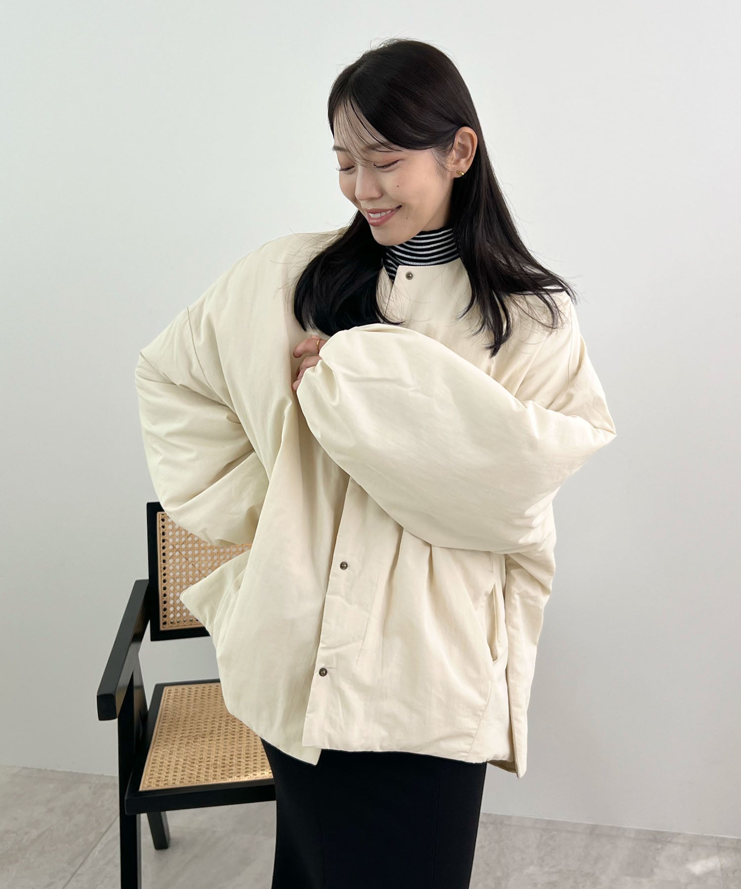 フューティアランド Futier Land サイドジップノーカラー中綿ジャケット (アイボリー) アイボリー