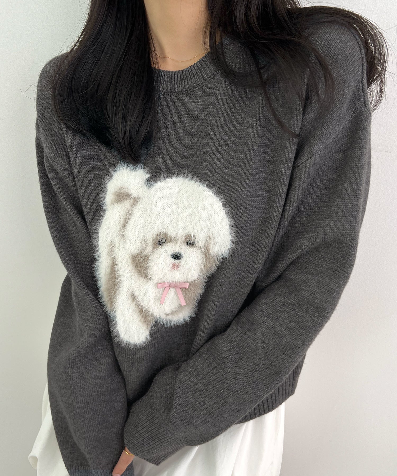 フューティアランド Futier Land ふわふわフェザードッグニットトップス (チャコールグレー) チャコールグレー