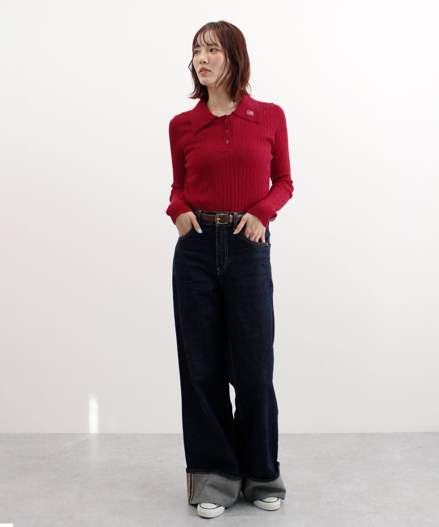 フューティアランド Futier Land ロゴ刺繍ケーブルポロニット (レッド) レッド